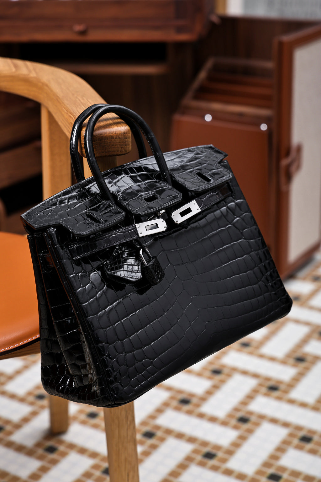 BK-2024 All Handmade sliver Hardware Nior Bright surface Porosus Crocodile leather