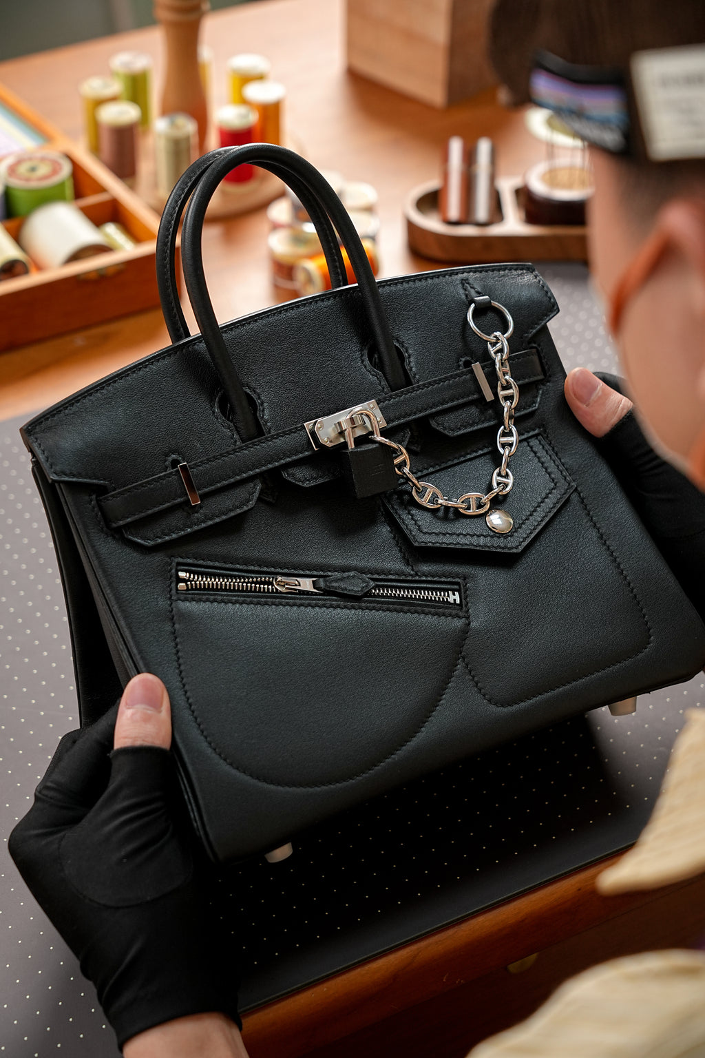 Birkin- All Handmade Golden / Sliver Noir swift leather