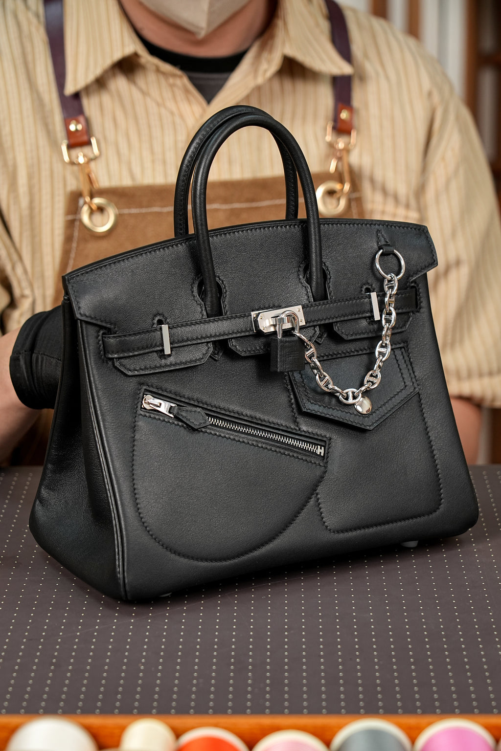 Birkin- All Handmade Golden / Sliver Noir swift leather