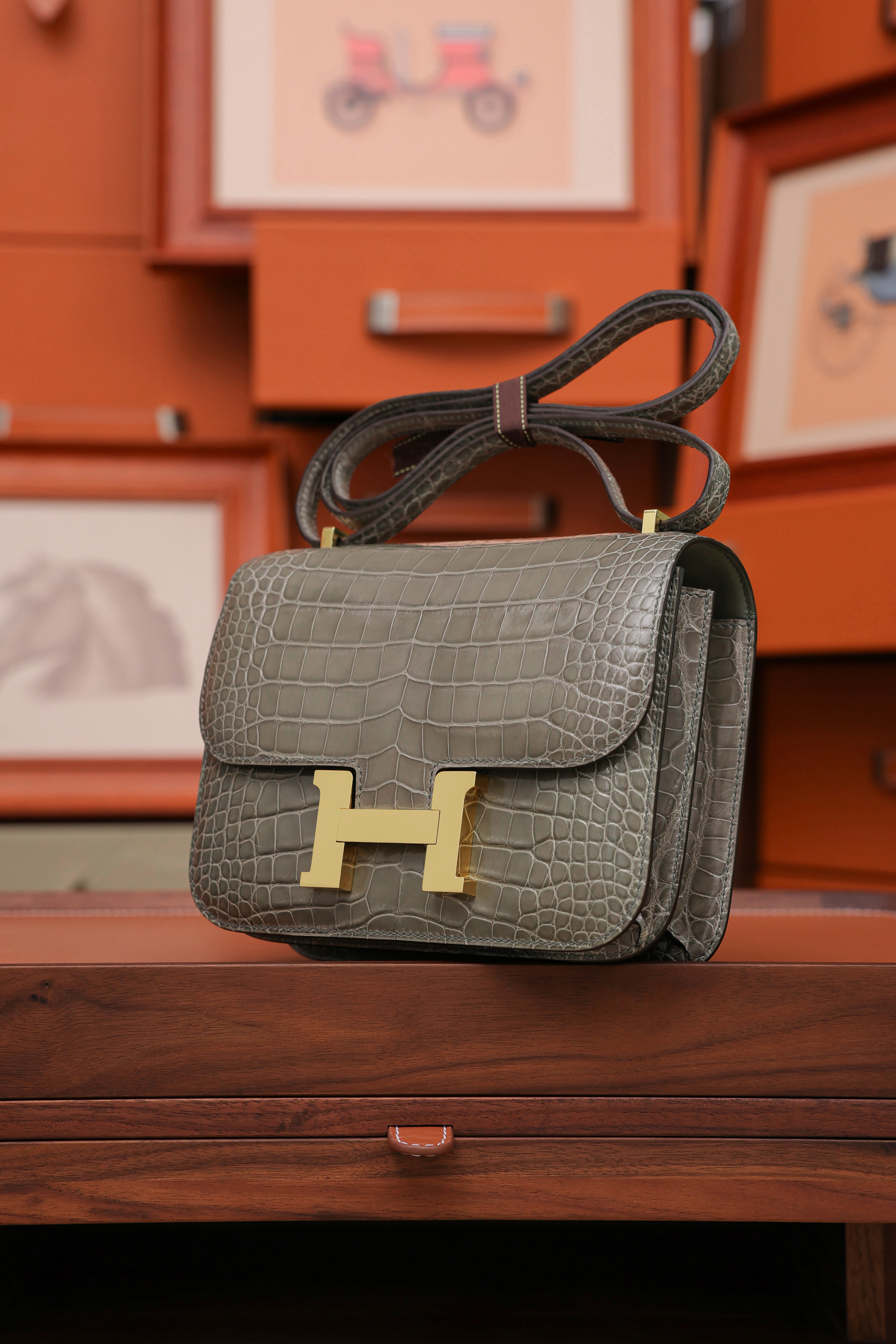 Constance- All Handmade Golden / Sliver Hardware Gris Tourterelle Crocodile eather