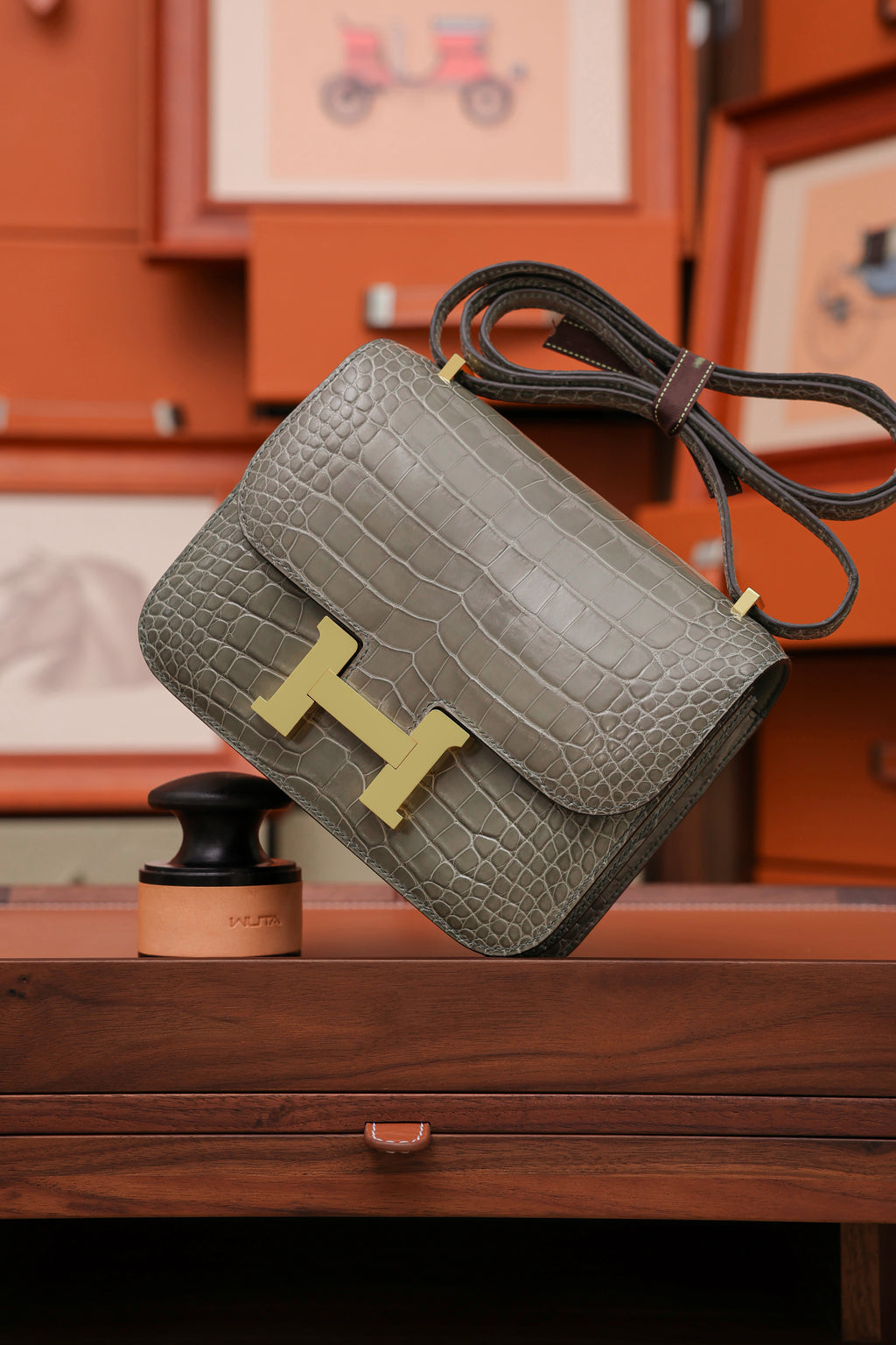 Constance- All Handmade Golden / Sliver Hardware Gris Tourterelle Crocodile eather