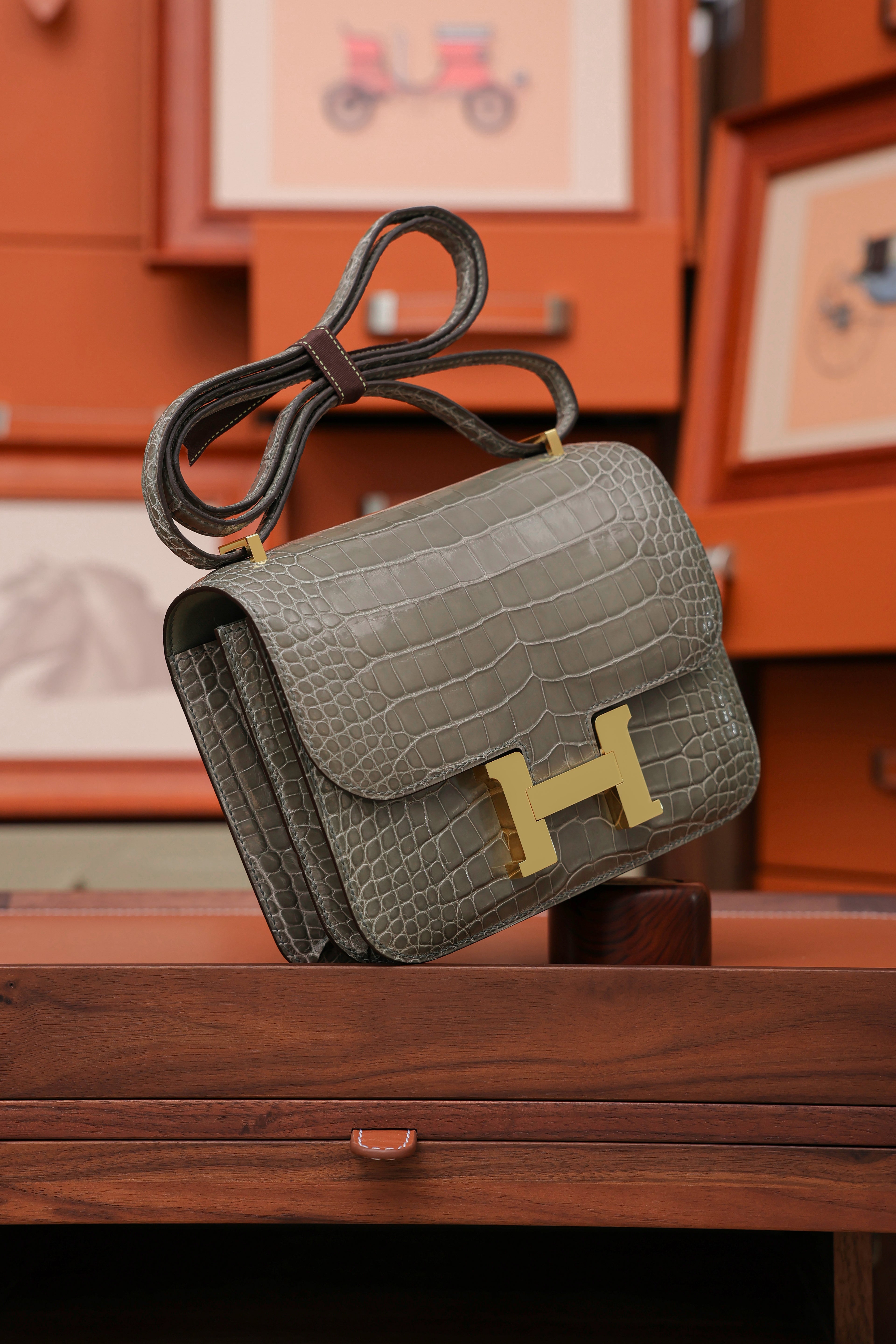 Constance- All Handmade Golden / Sliver Hardware Gris Tourterelle Crocodile eather