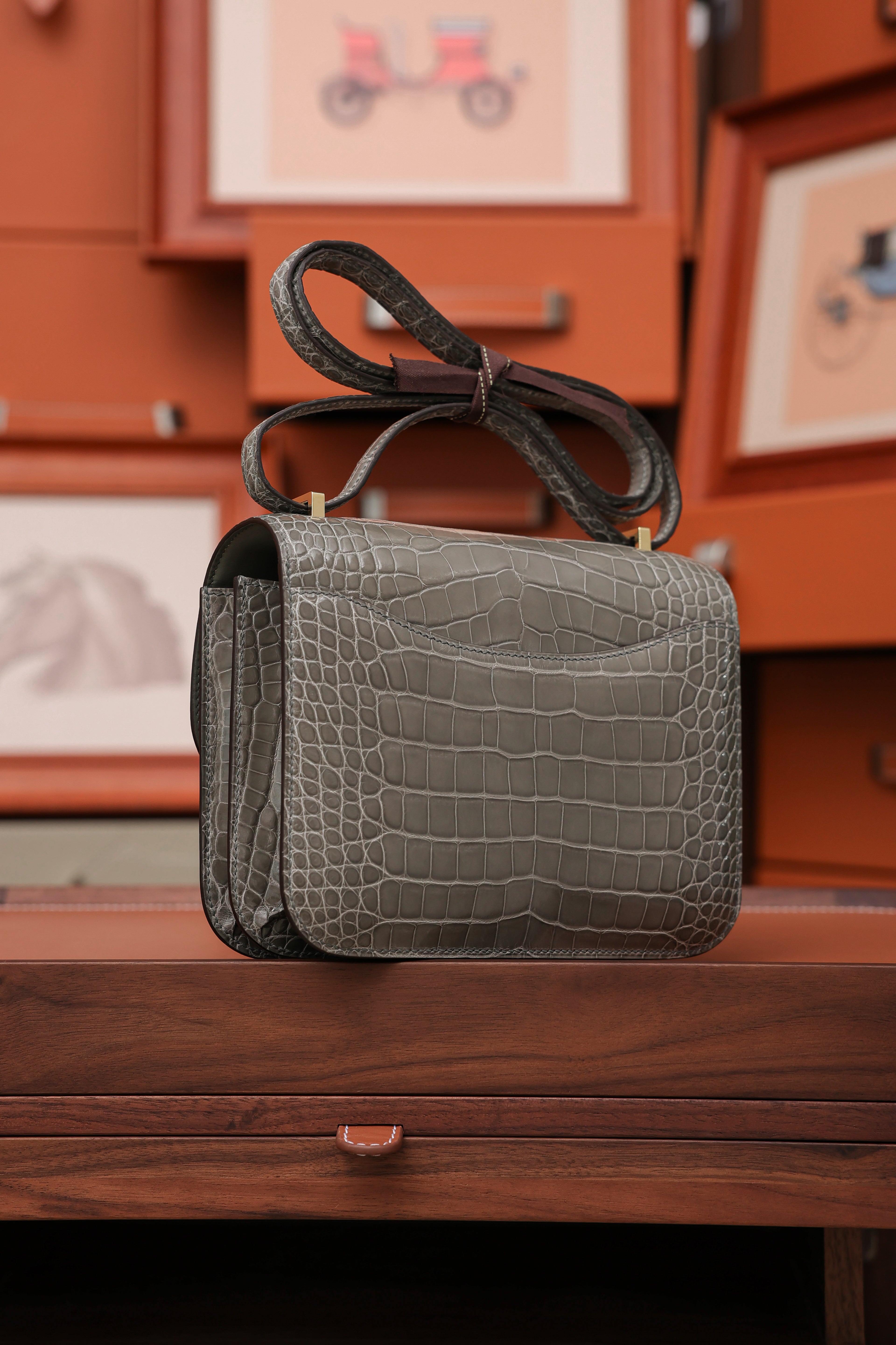 Constance- All Handmade Golden / Sliver Hardware Gris Tourterelle Crocodile eather