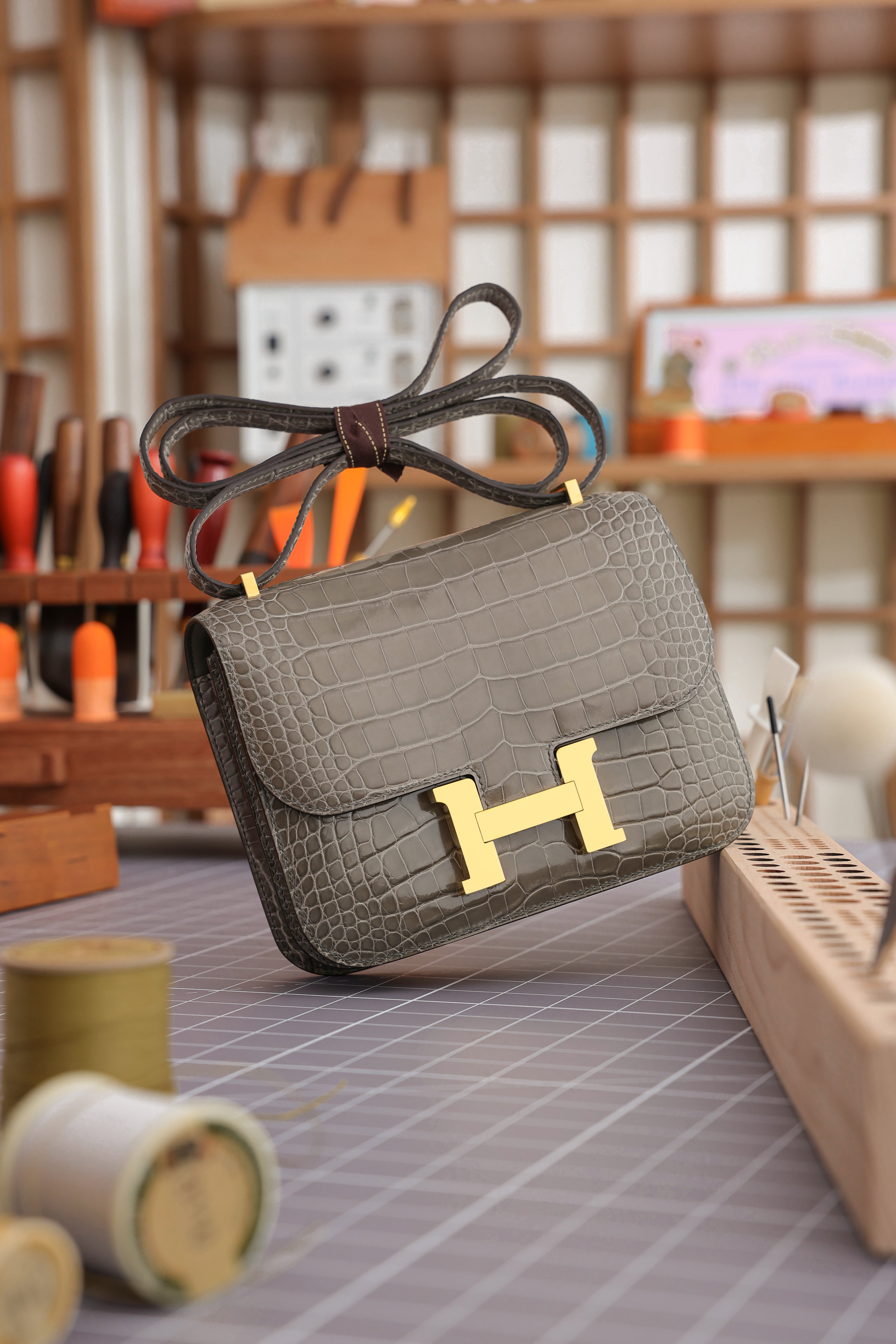 Constance- All Handmade Golden / Sliver Hardware Gris Tourterelle Crocodile eather