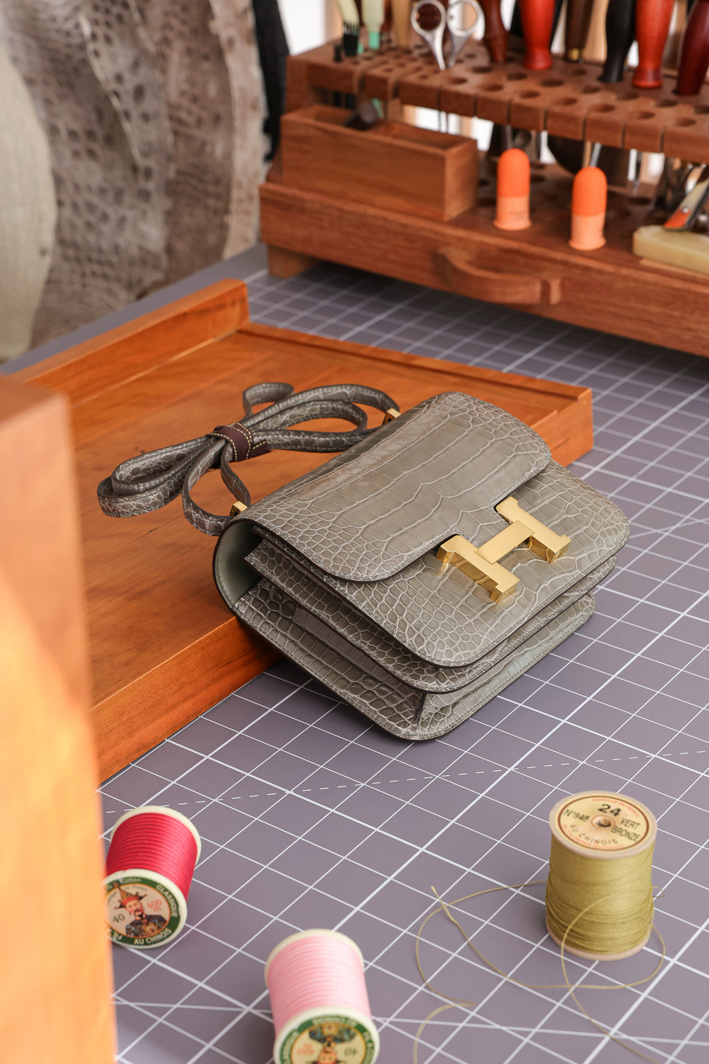 Constance- All Handmade Golden / Sliver Hardware Gris Tourterelle Crocodile eather