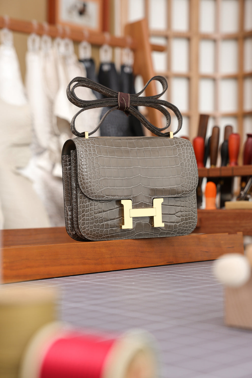 Constance- All Handmade Golden / Sliver Hardware Gris Tourterelle Crocodile eather