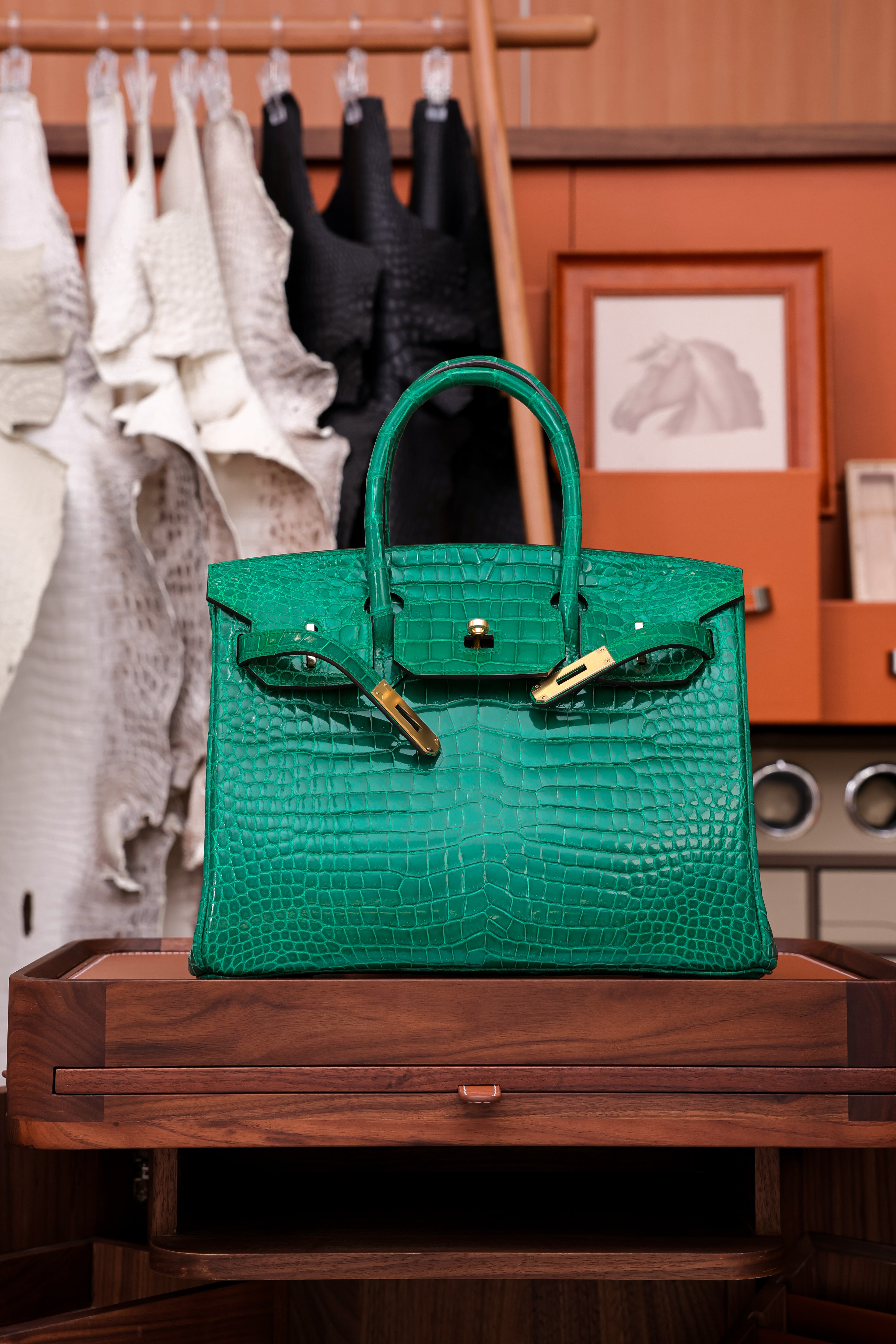 Birkin- All Handmade Golden / Sliver Imperial Green Crocodile leather