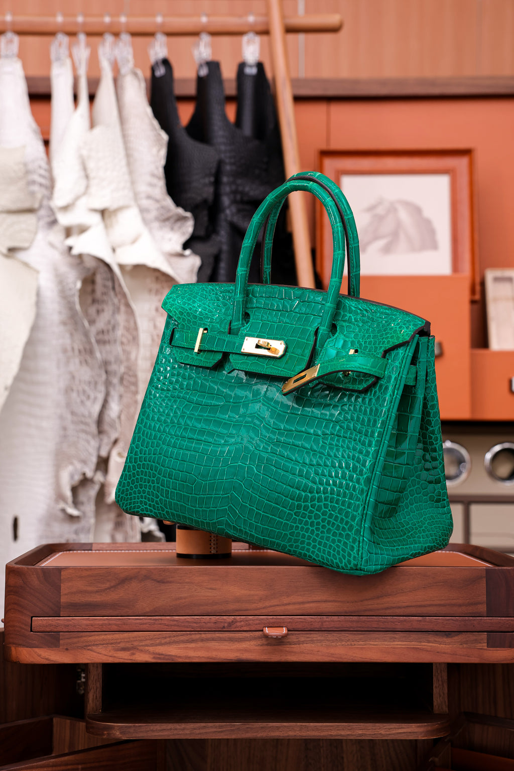 Birkin- All Handmade Golden / Sliver Imperial Green Crocodile leather
