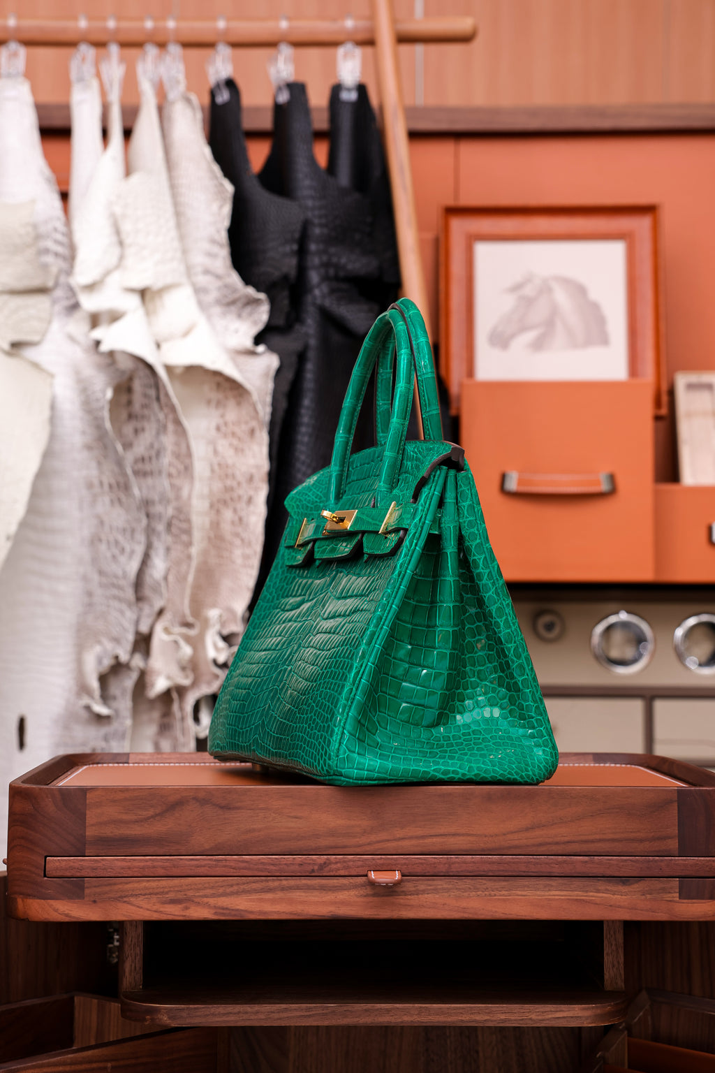 Birkin- All Handmade Golden / Sliver Imperial Green Crocodile leather