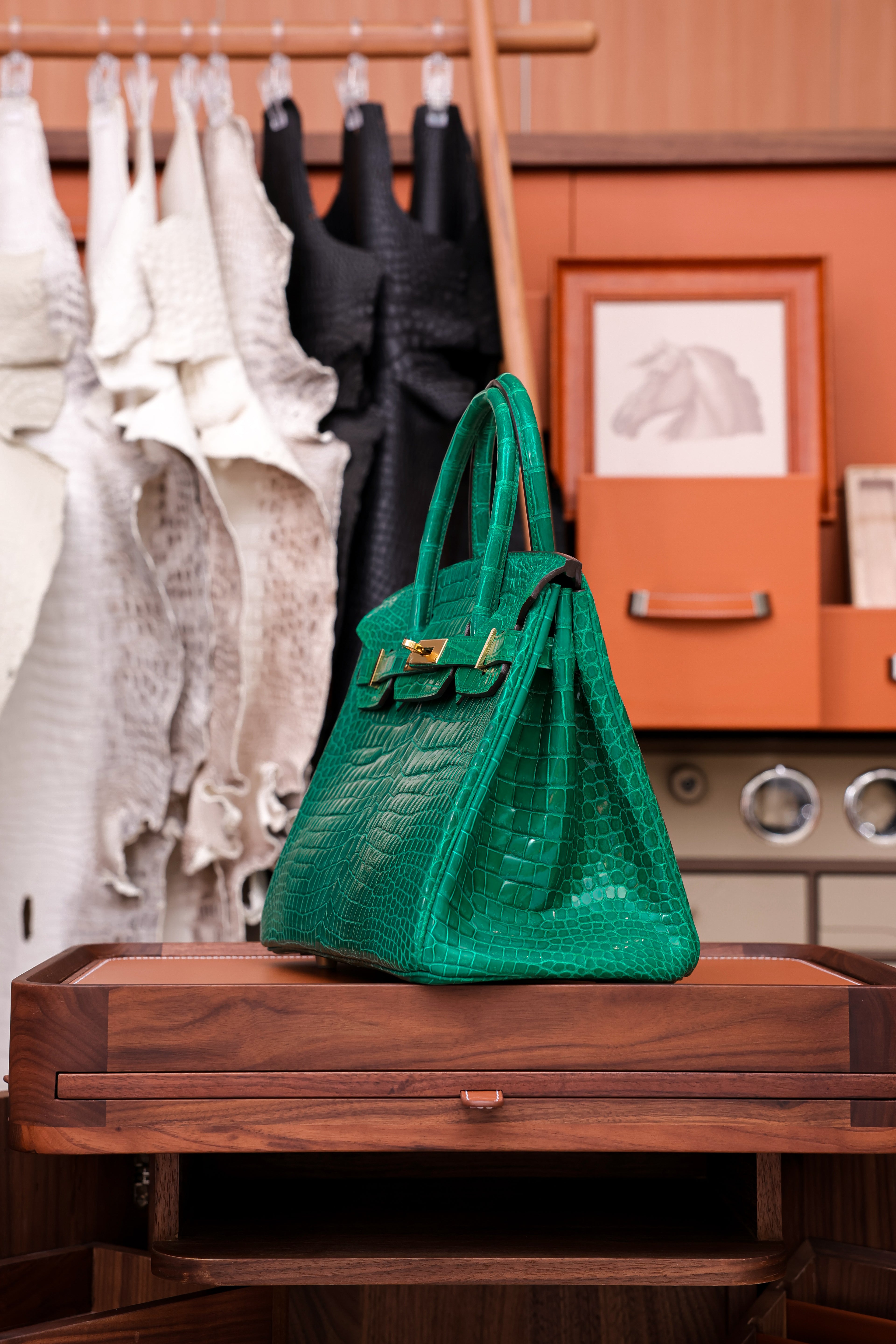 Birkin- All Handmade Golden / Sliver Imperial Green Crocodile leather