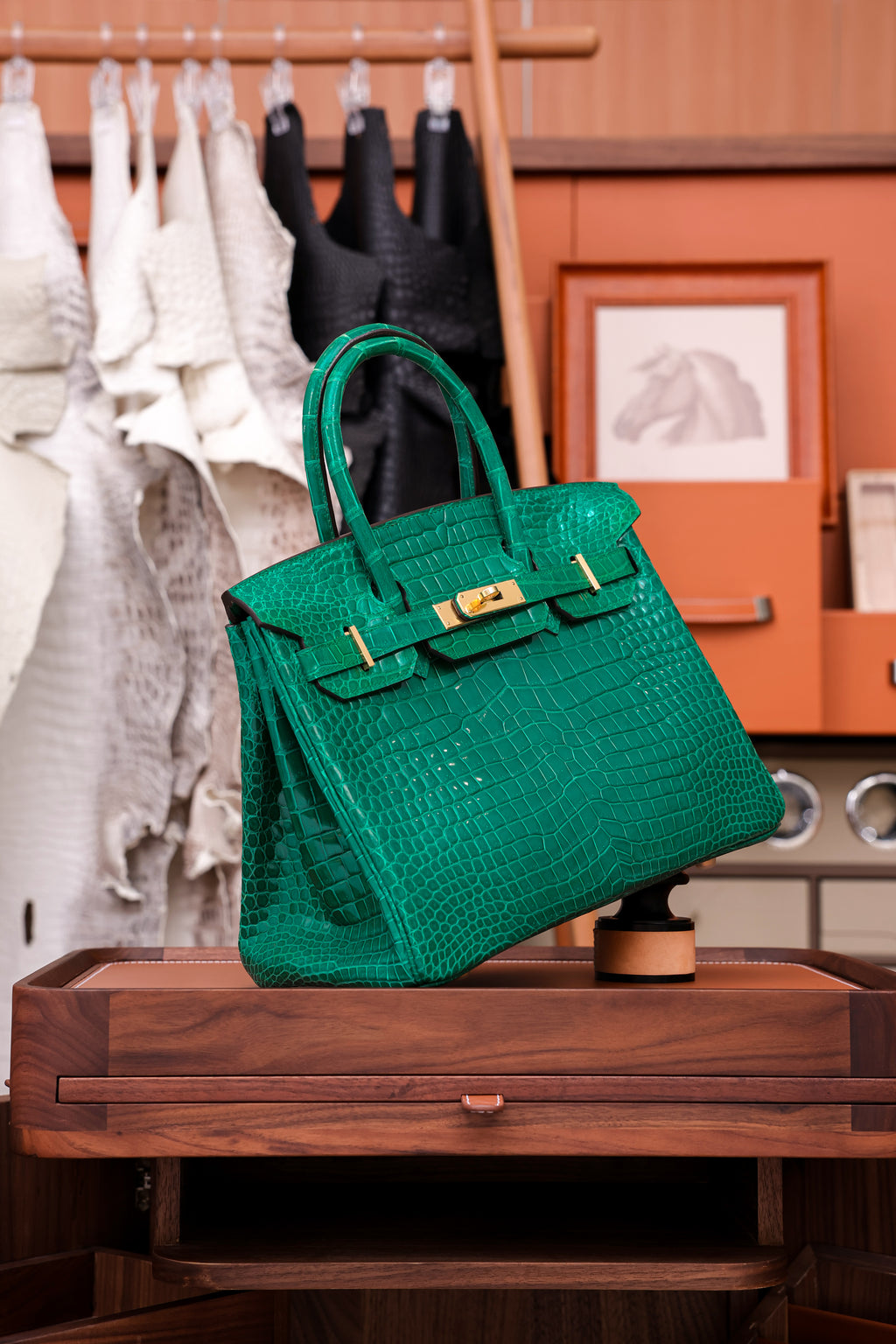 Birkin- All Handmade Golden / Sliver Imperial Green Crocodile leather