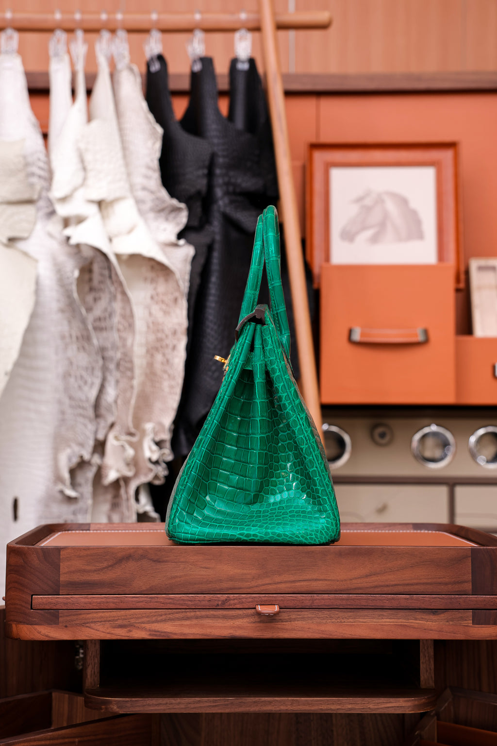 Birkin- All Handmade Golden / Sliver Imperial Green Crocodile leather