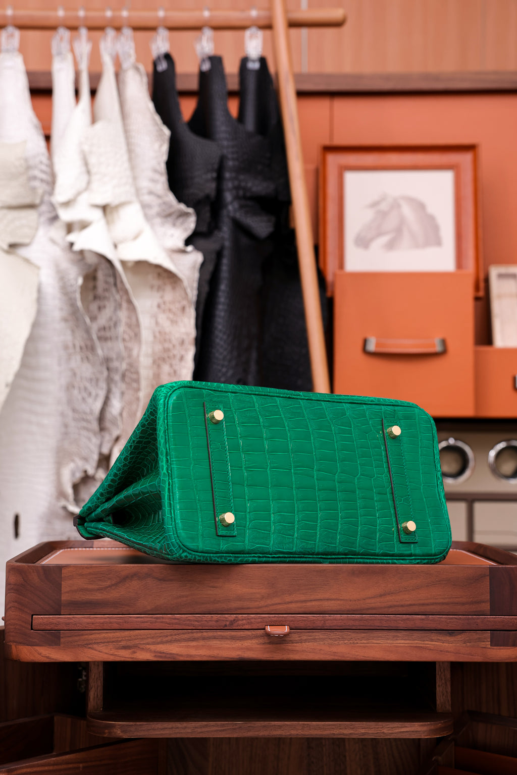 Birkin- All Handmade Golden / Sliver Imperial Green Crocodile leather