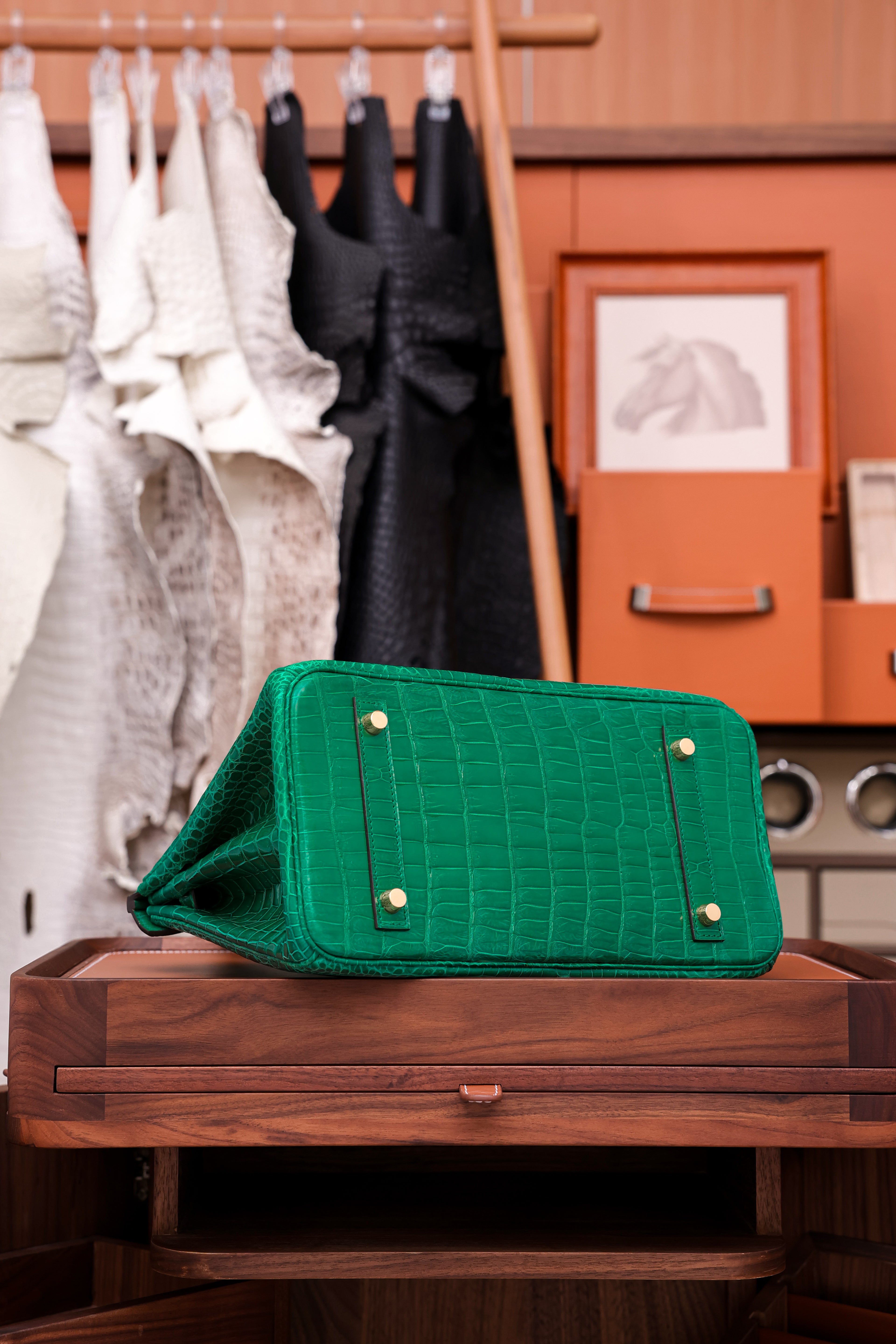 Birkin- All Handmade Golden / Sliver Imperial Green Crocodile leather