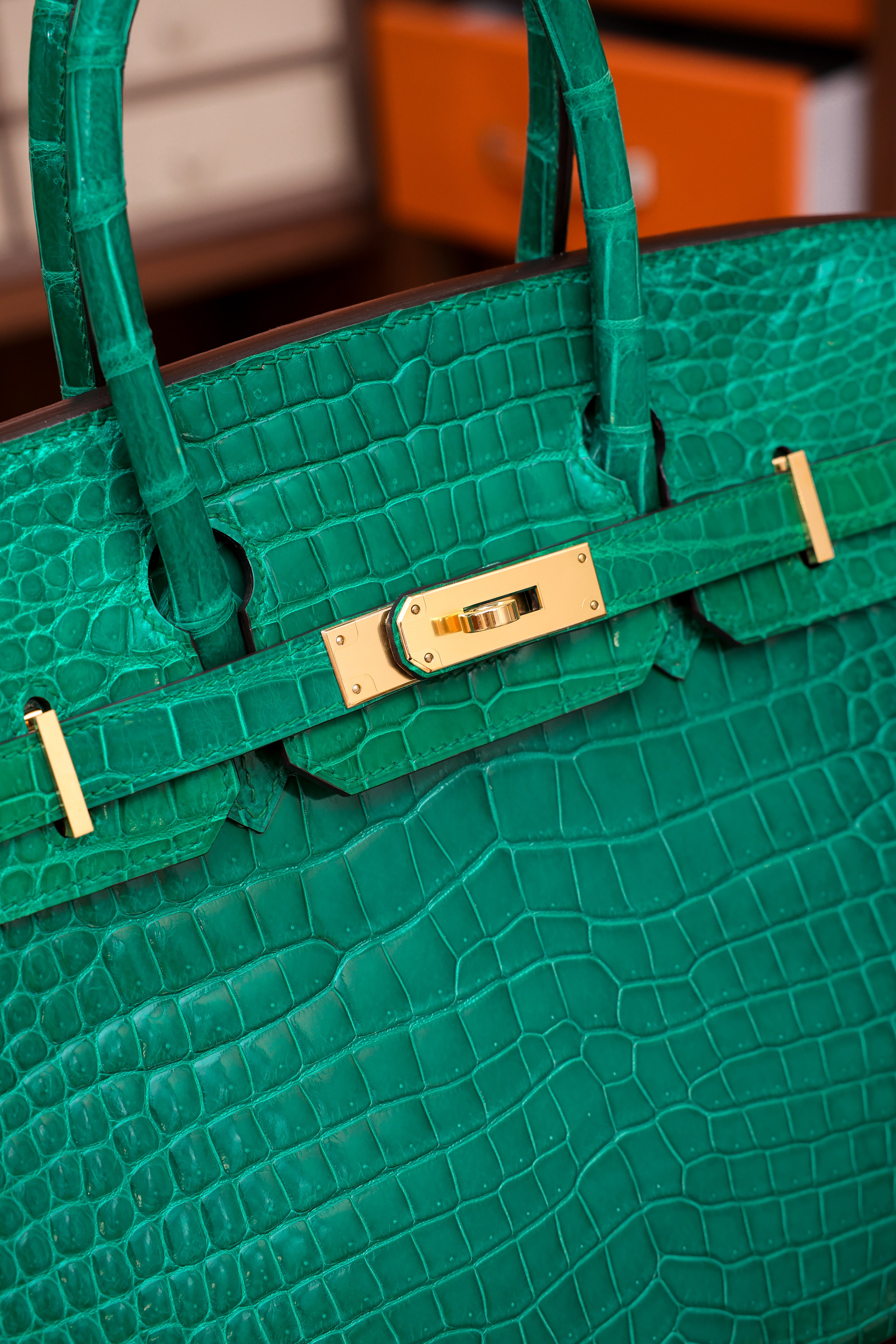 Birkin- All Handmade Golden / Sliver Imperial Green Crocodile leather