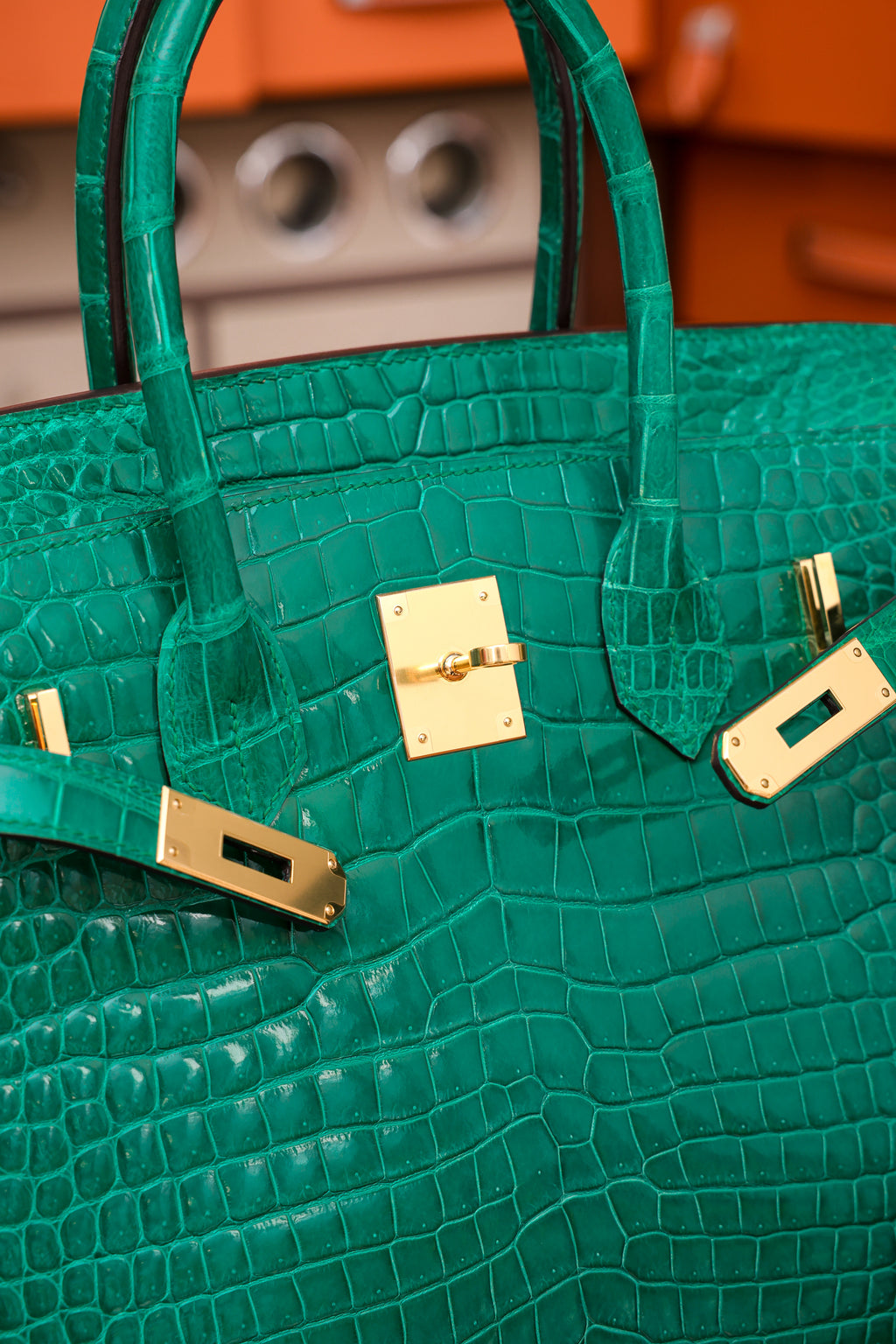 Birkin- All Handmade Golden / Sliver Imperial Green Crocodile leather