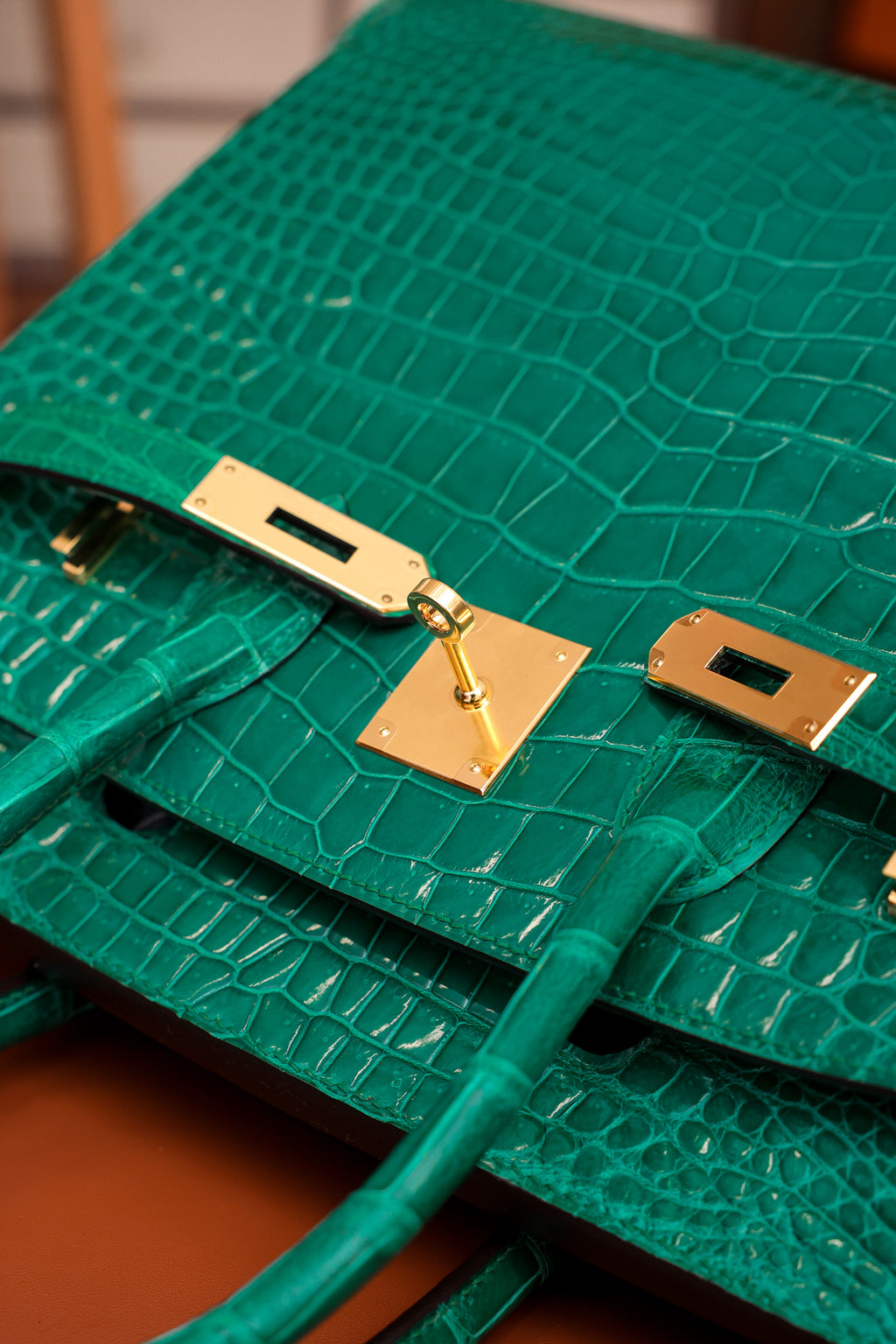 Birkin- All Handmade Golden / Sliver Imperial Green Crocodile leather