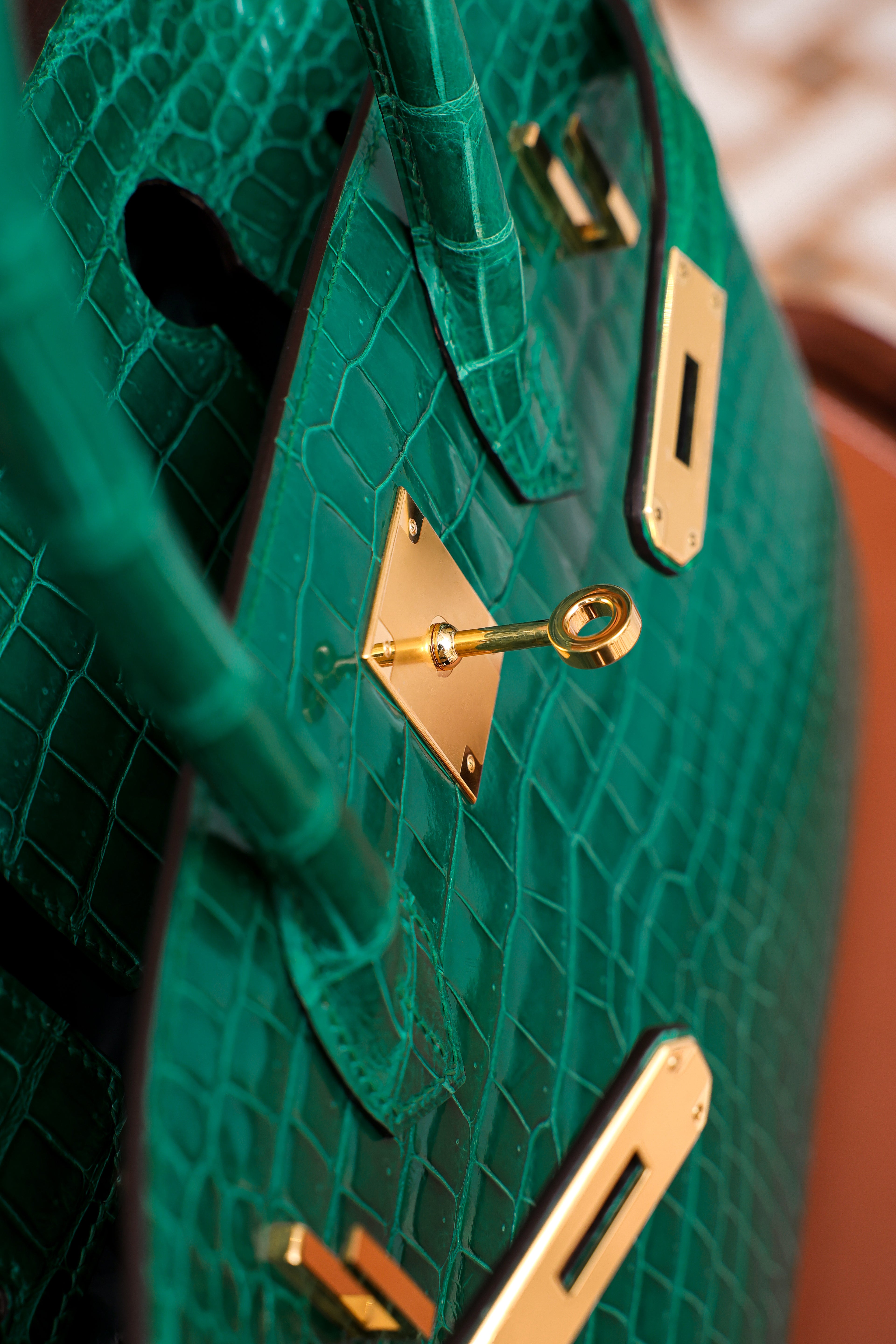 Birkin- All Handmade Golden / Sliver Imperial Green Crocodile leather