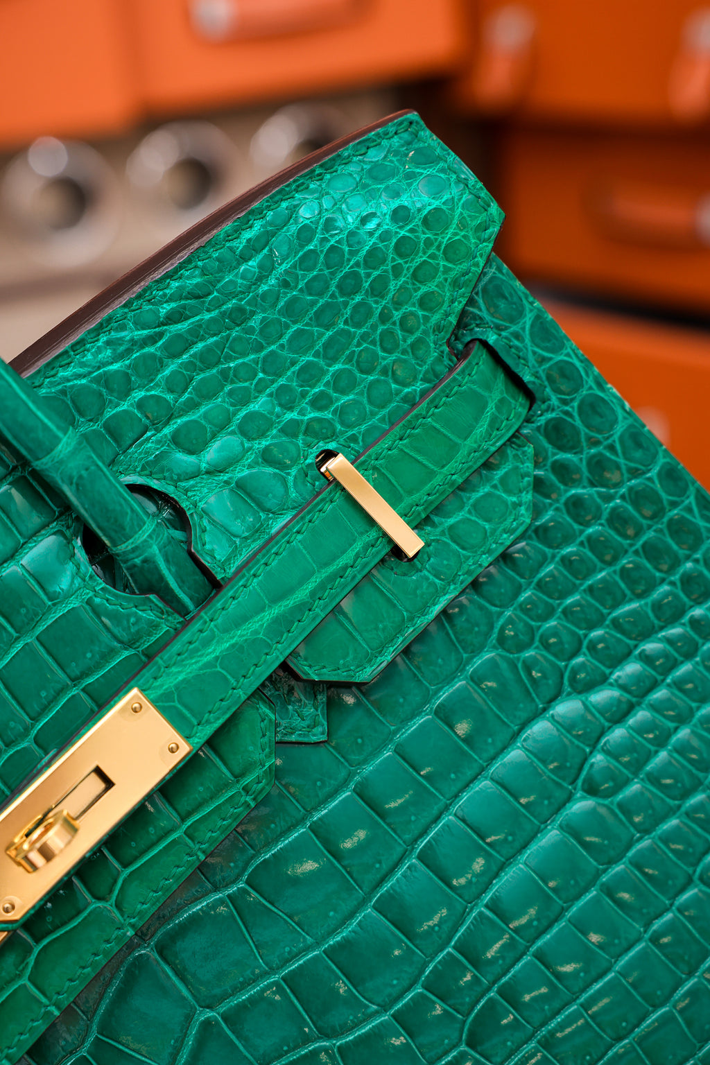 Birkin- All Handmade Golden / Sliver Imperial Green Crocodile leather