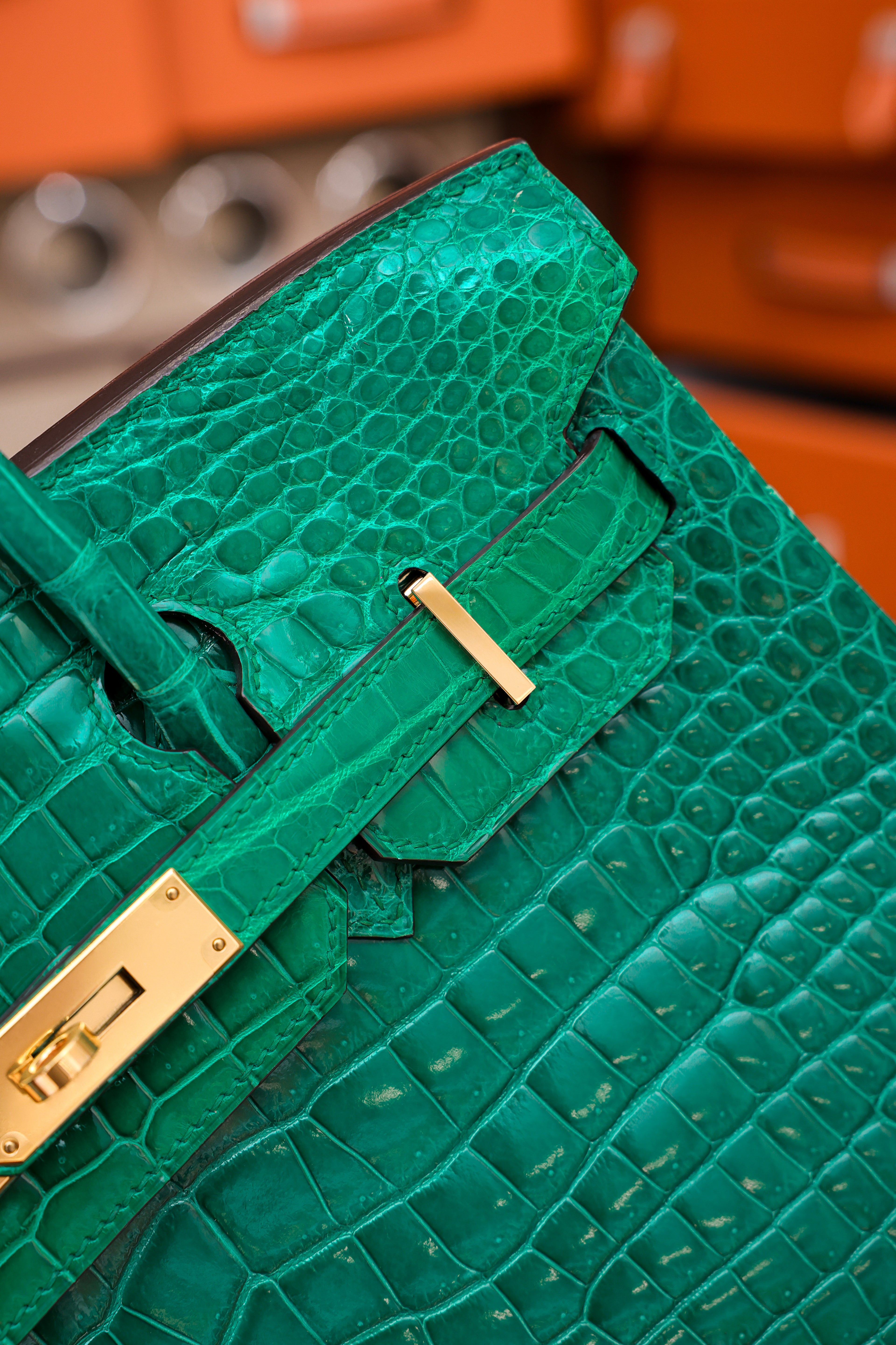 Birkin- All Handmade Golden / Sliver Imperial Green Crocodile leather