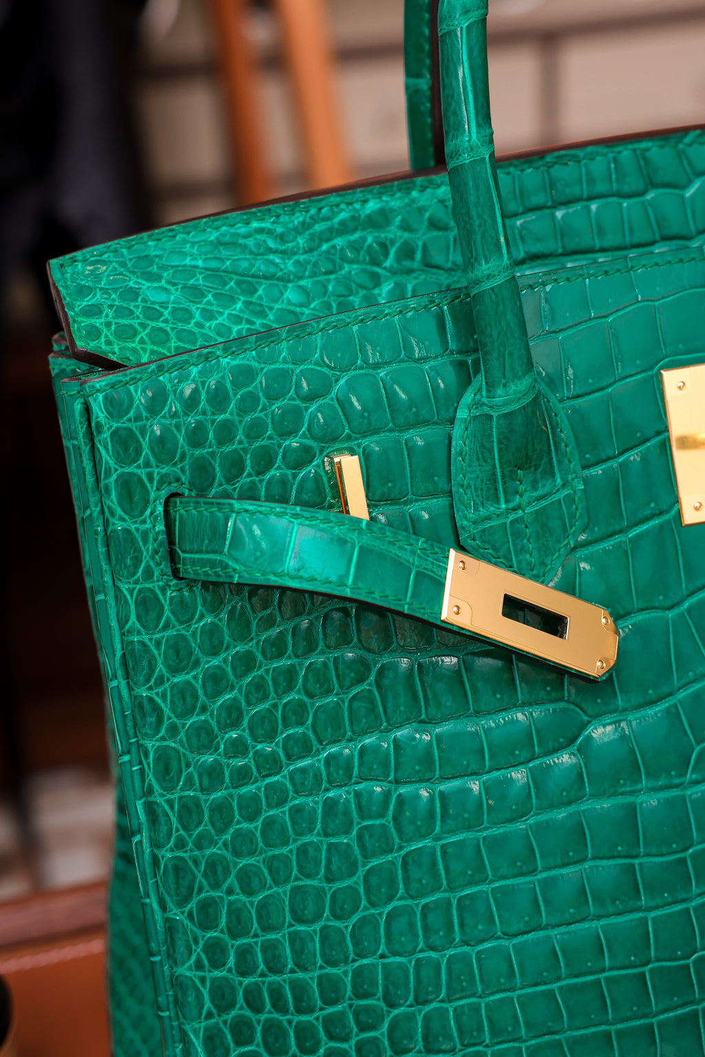 Birkin- All Handmade Golden / Sliver Imperial Green Crocodile leather