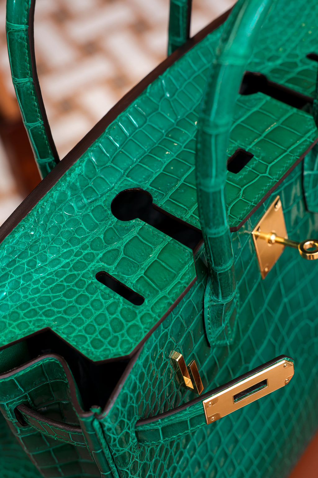 Birkin- All Handmade Golden / Sliver Imperial Green Crocodile leather