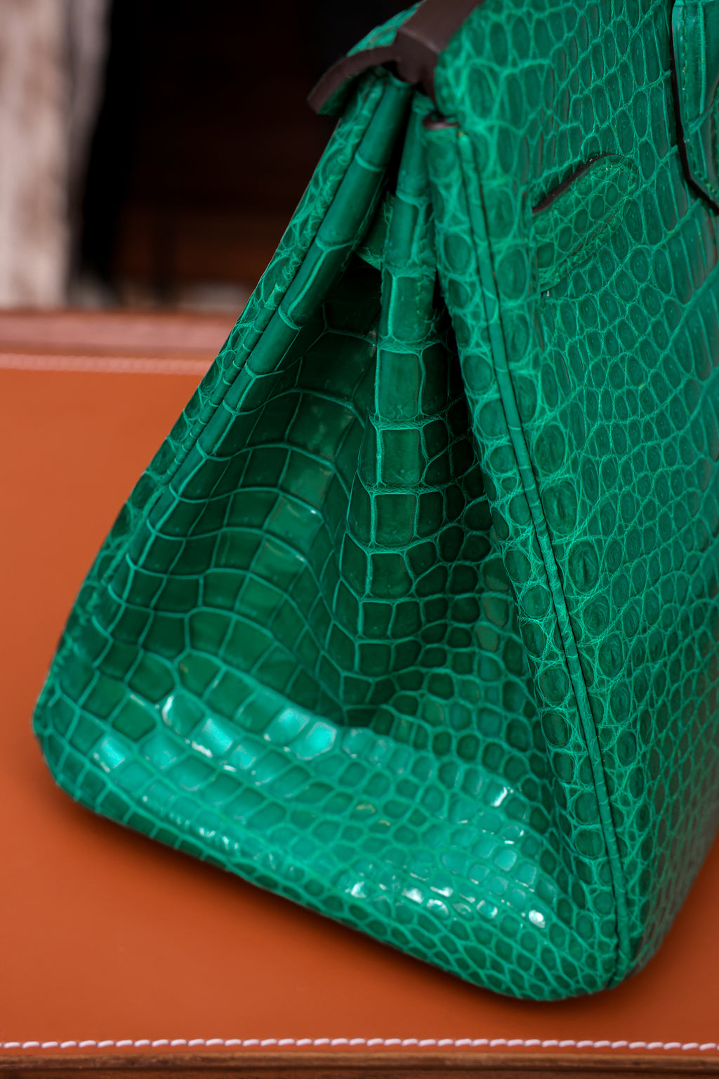 Birkin- All Handmade Golden / Sliver Imperial Green Crocodile leather