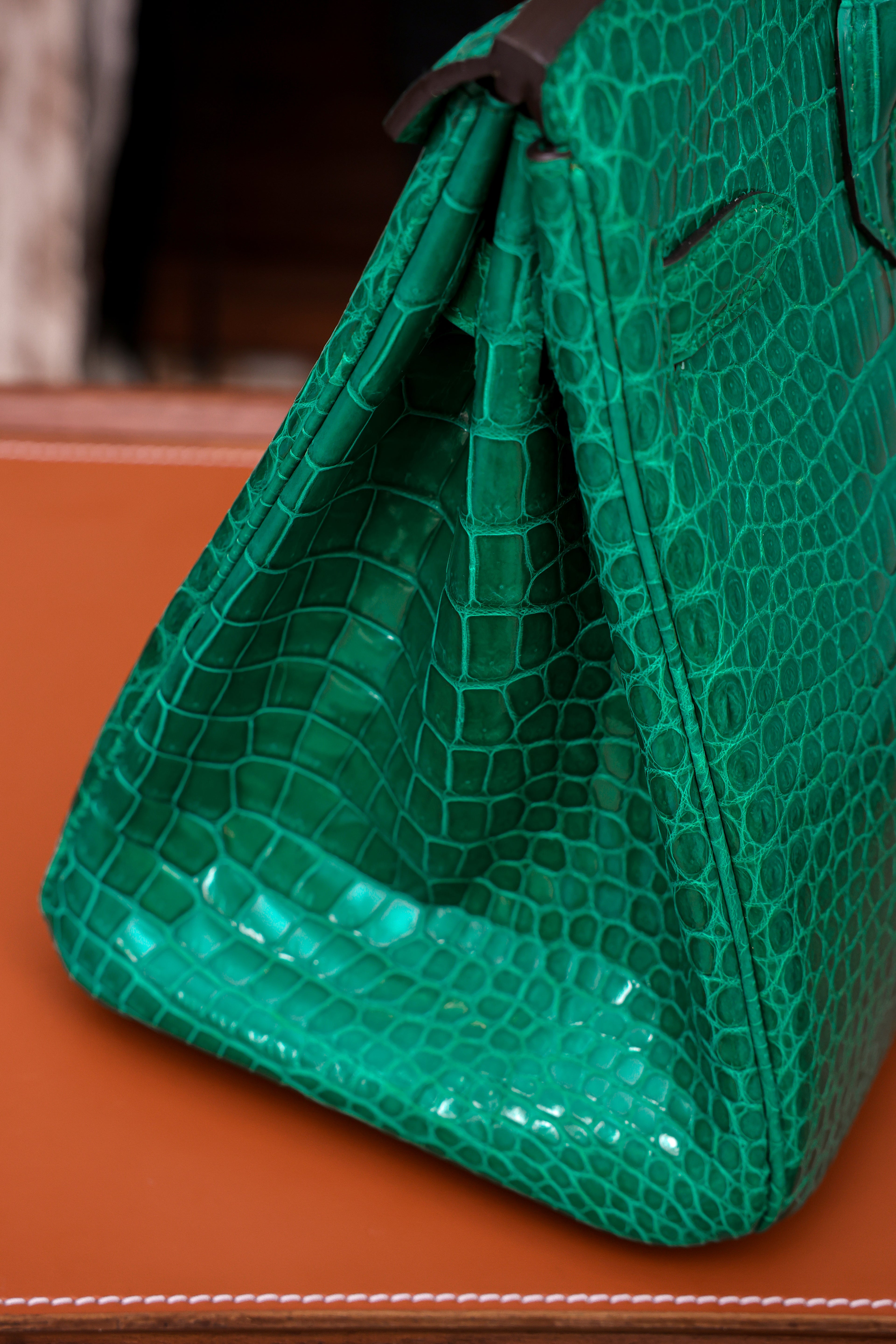 Birkin- All Handmade Golden / Sliver Imperial Green Crocodile leather