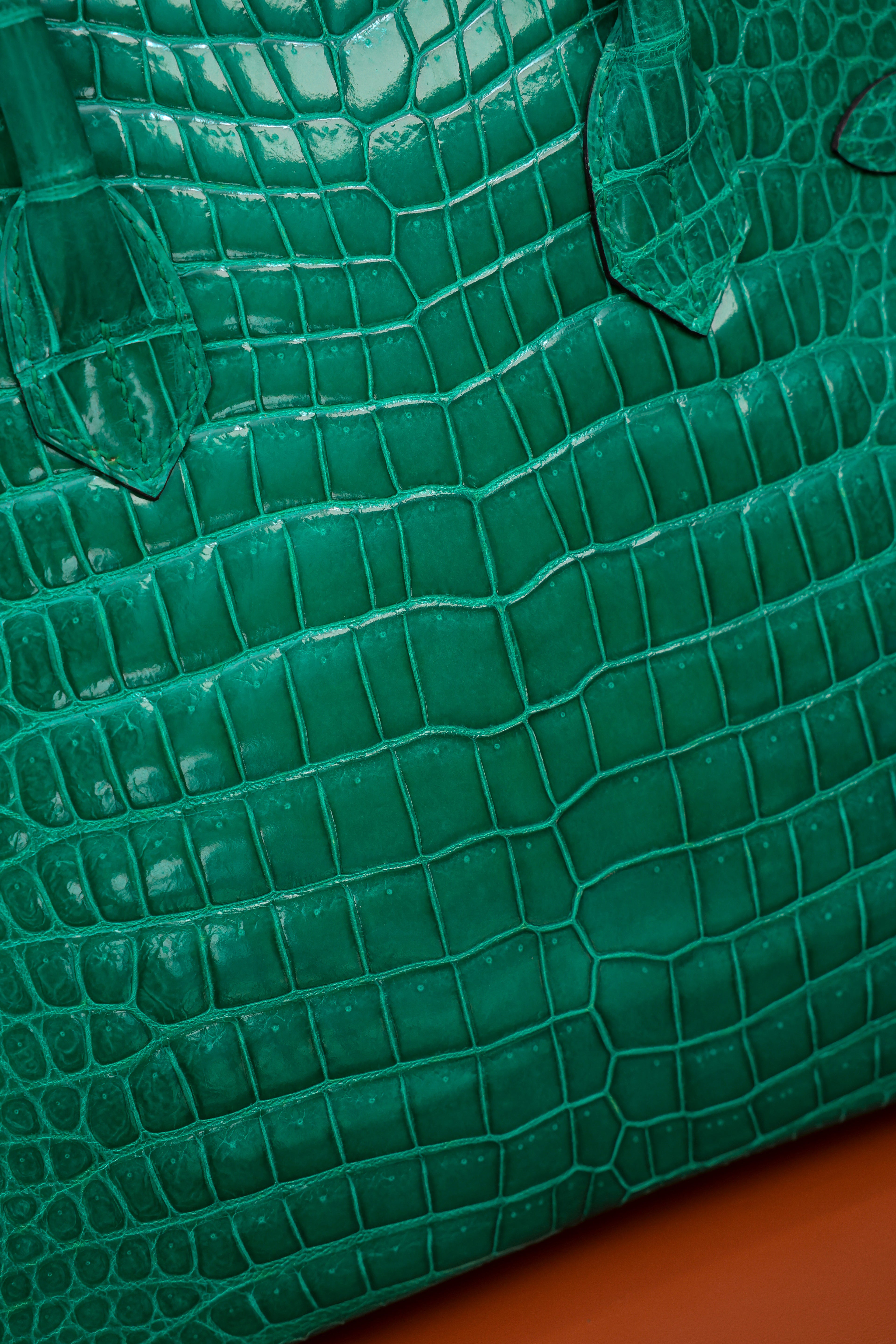 Birkin- All Handmade Golden / Sliver Imperial Green Crocodile leather