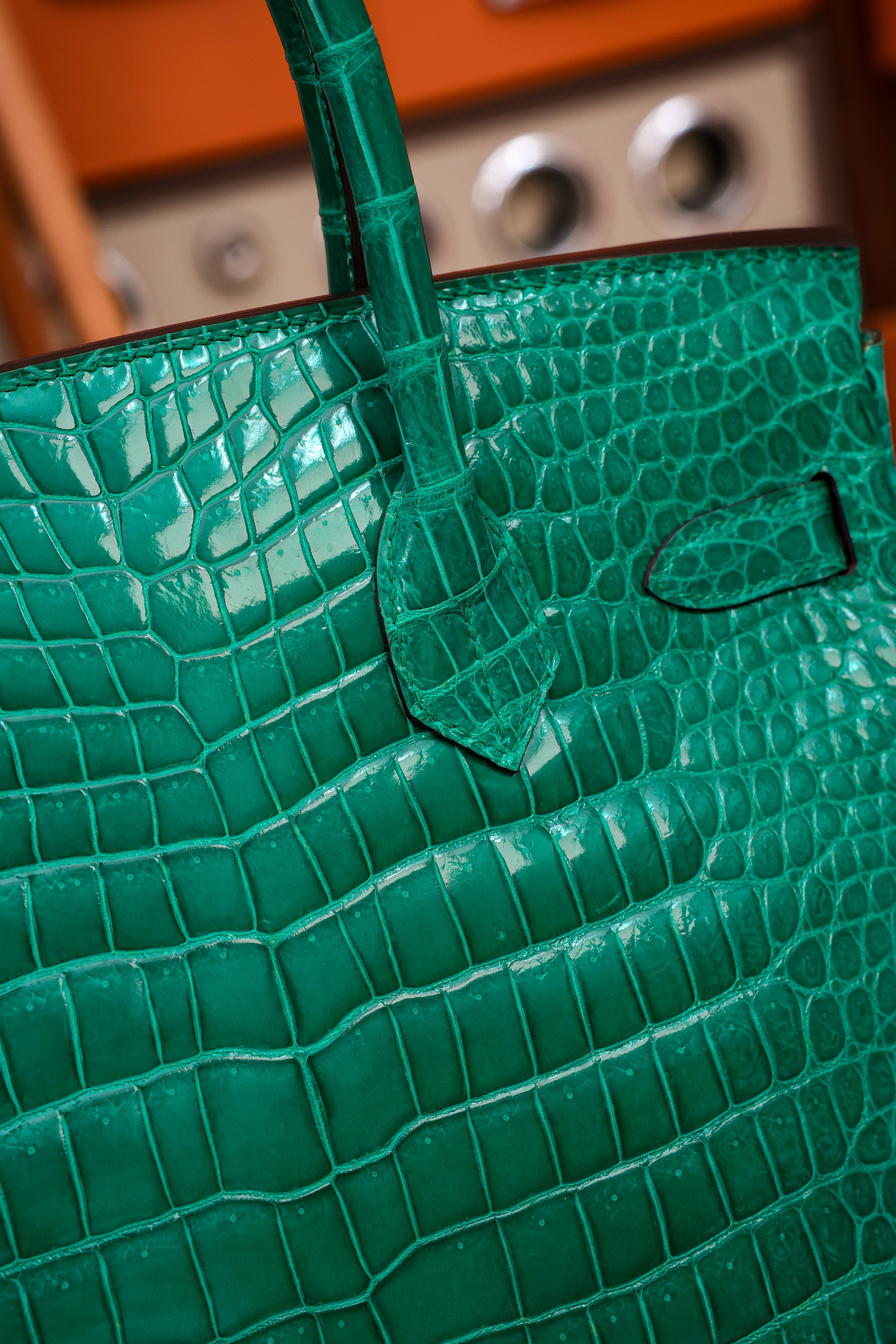 Birkin- All Handmade Golden / Sliver Imperial Green Crocodile leather
