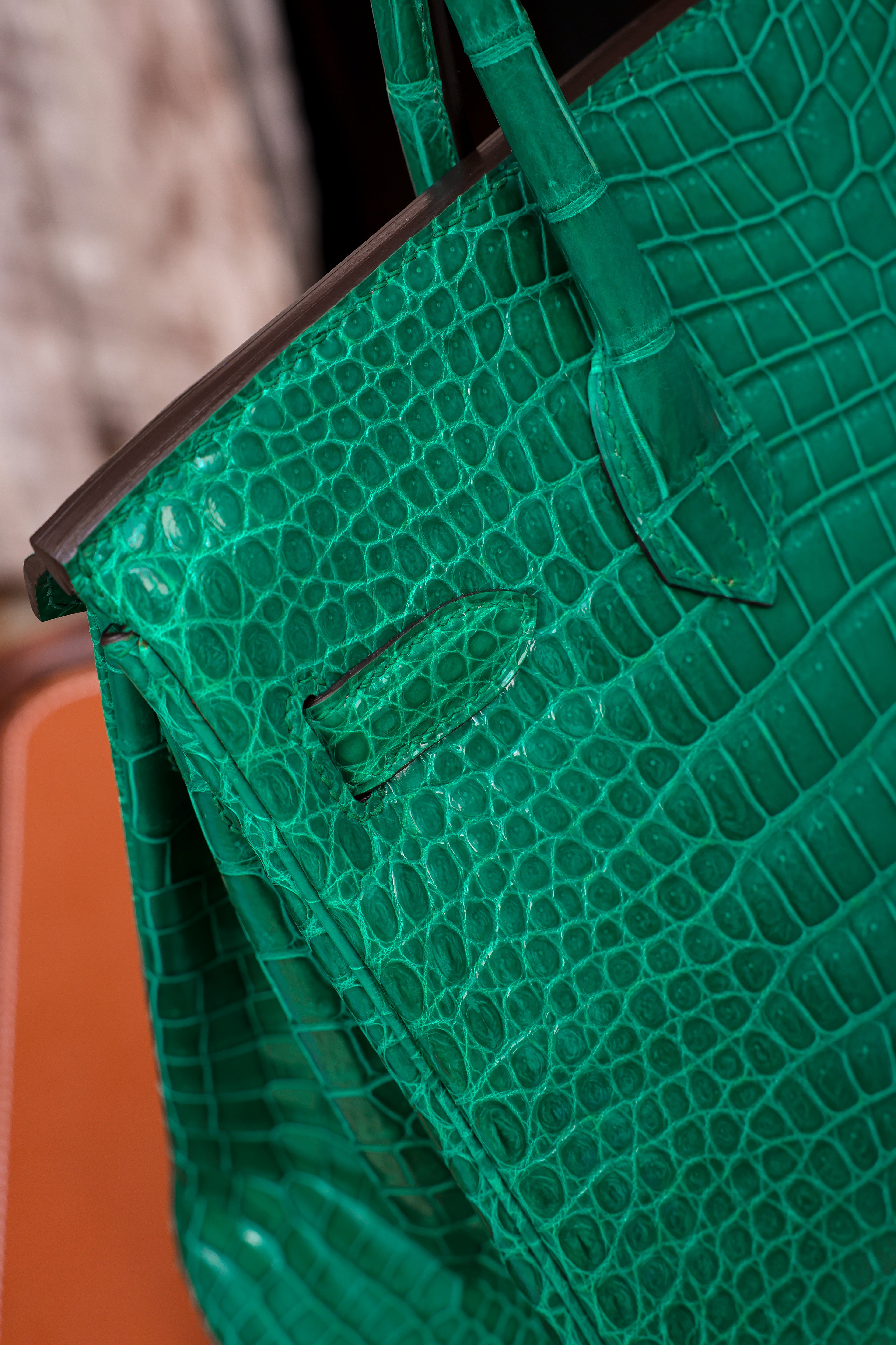 Birkin- All Handmade Golden / Sliver Imperial Green Crocodile leather