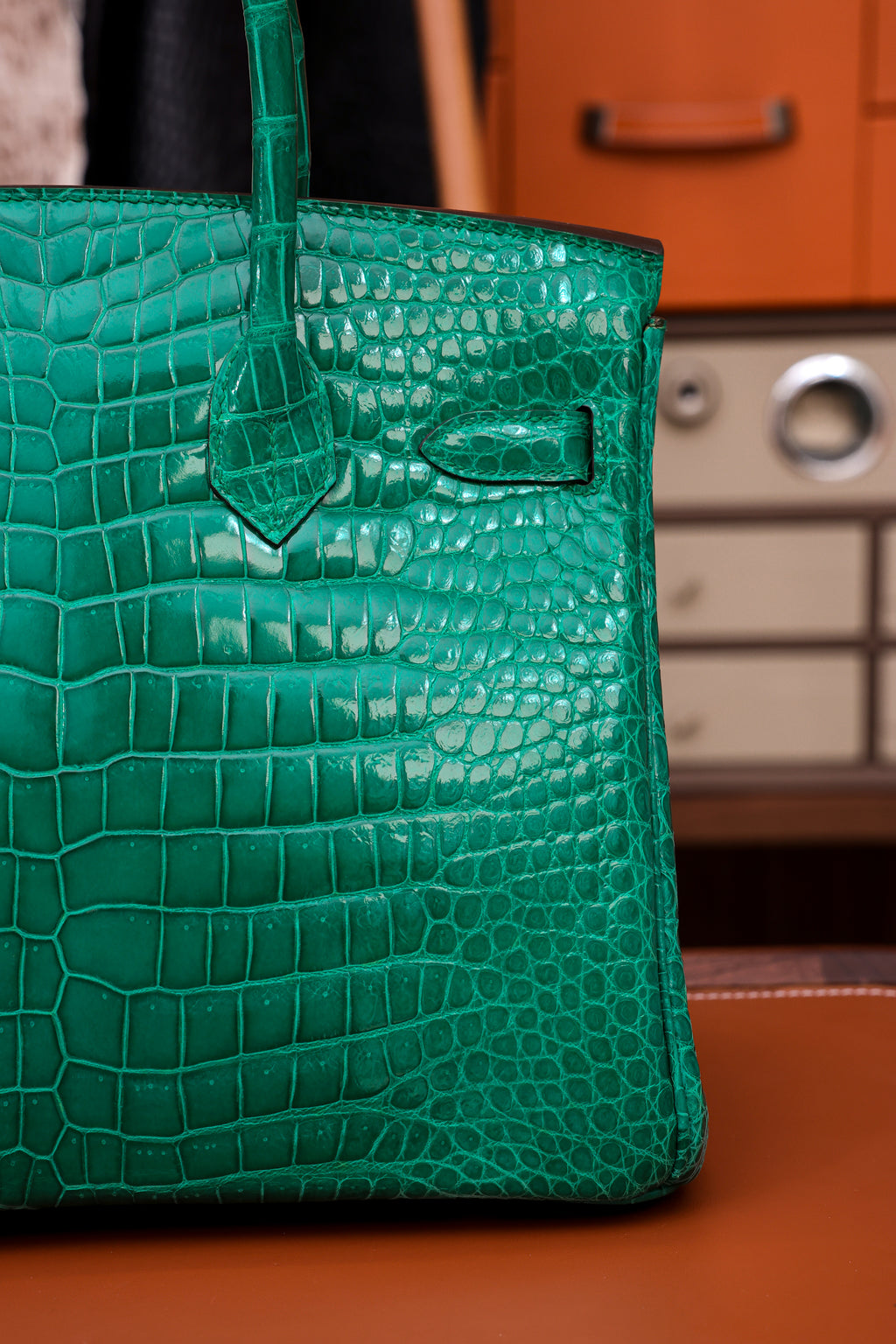 Birkin- All Handmade Golden / Sliver Imperial Green Crocodile leather