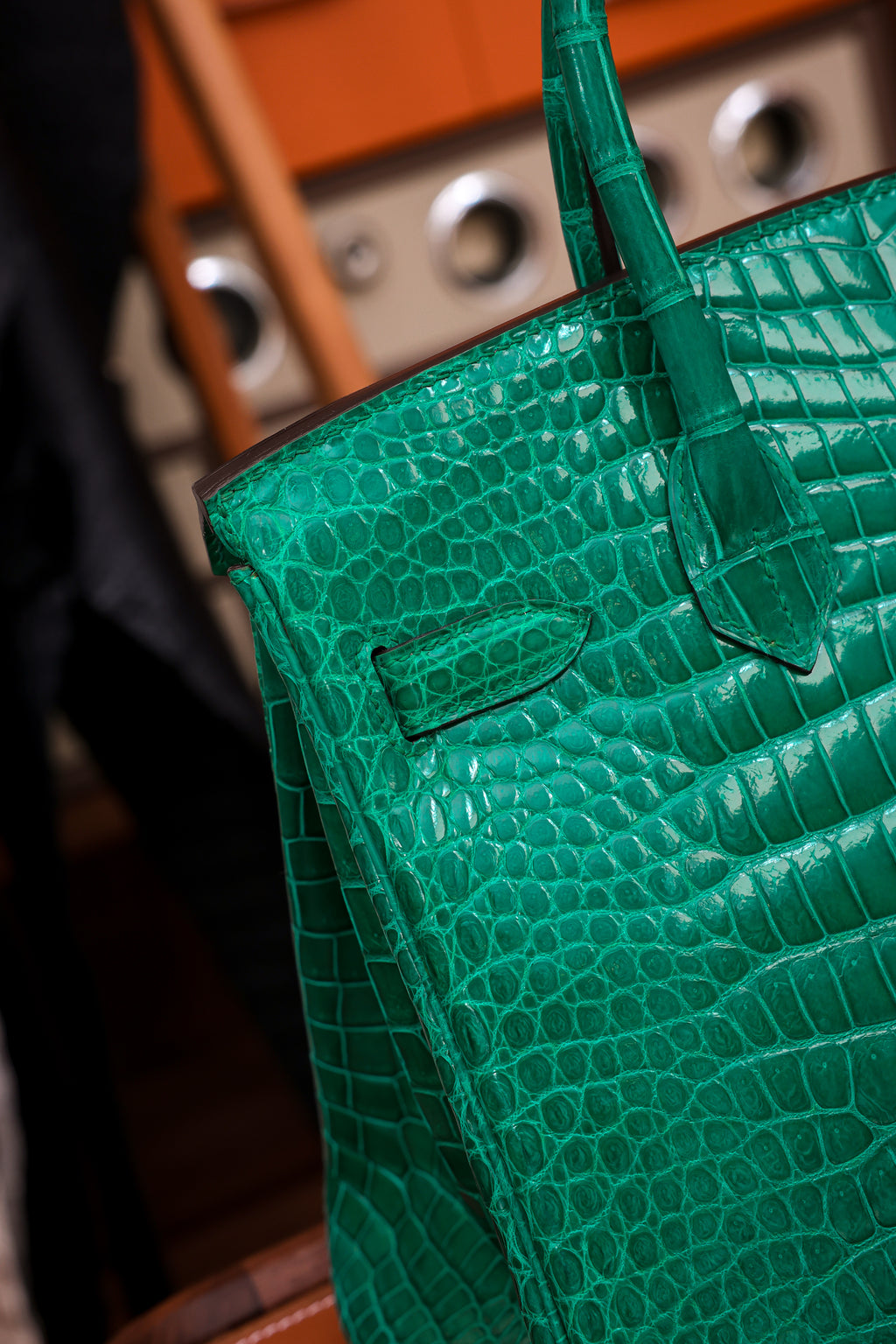 Birkin- All Handmade Golden / Sliver Imperial Green Crocodile leather