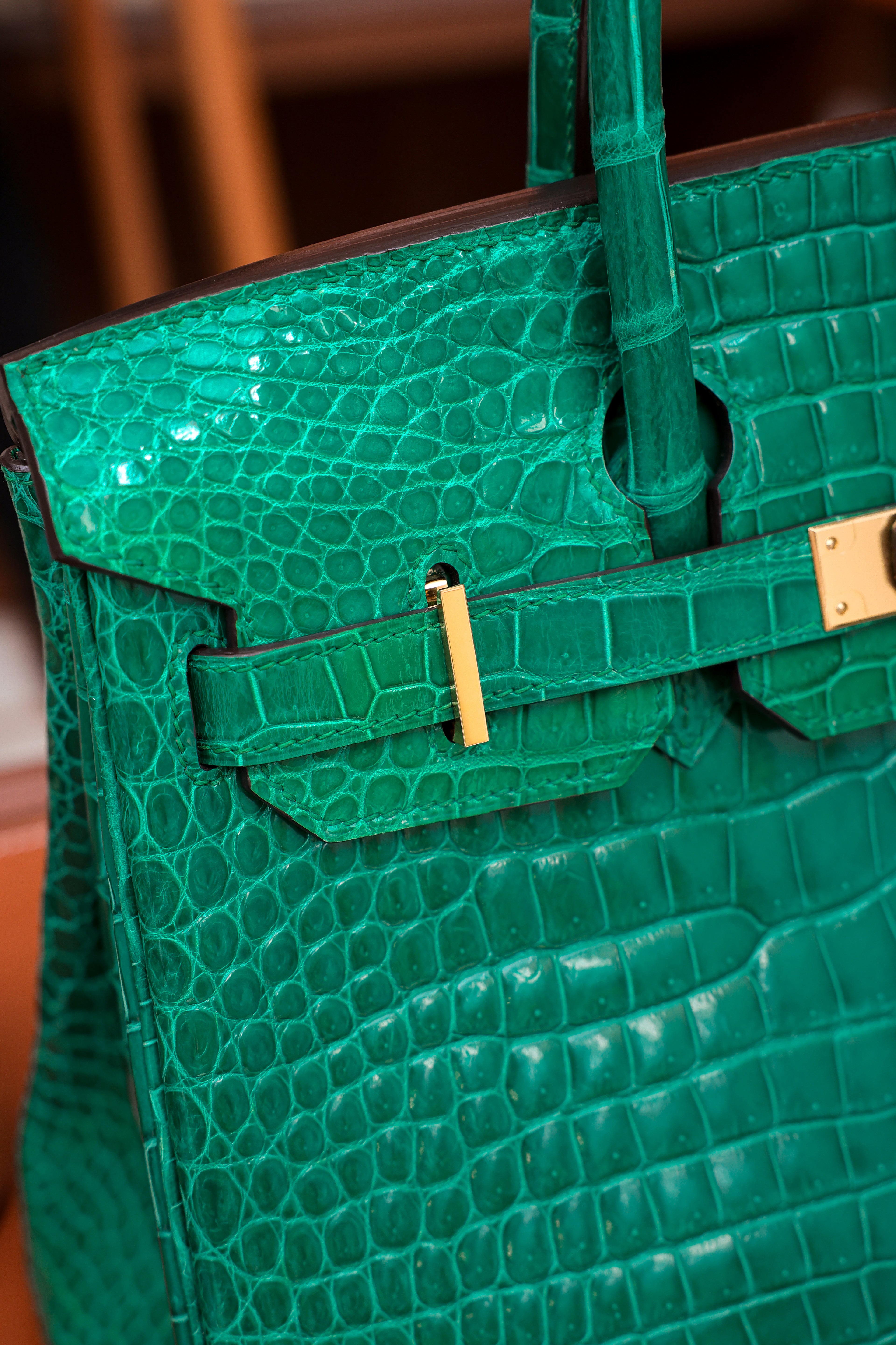 Birkin- All Handmade Golden / Sliver Imperial Green Crocodile leather
