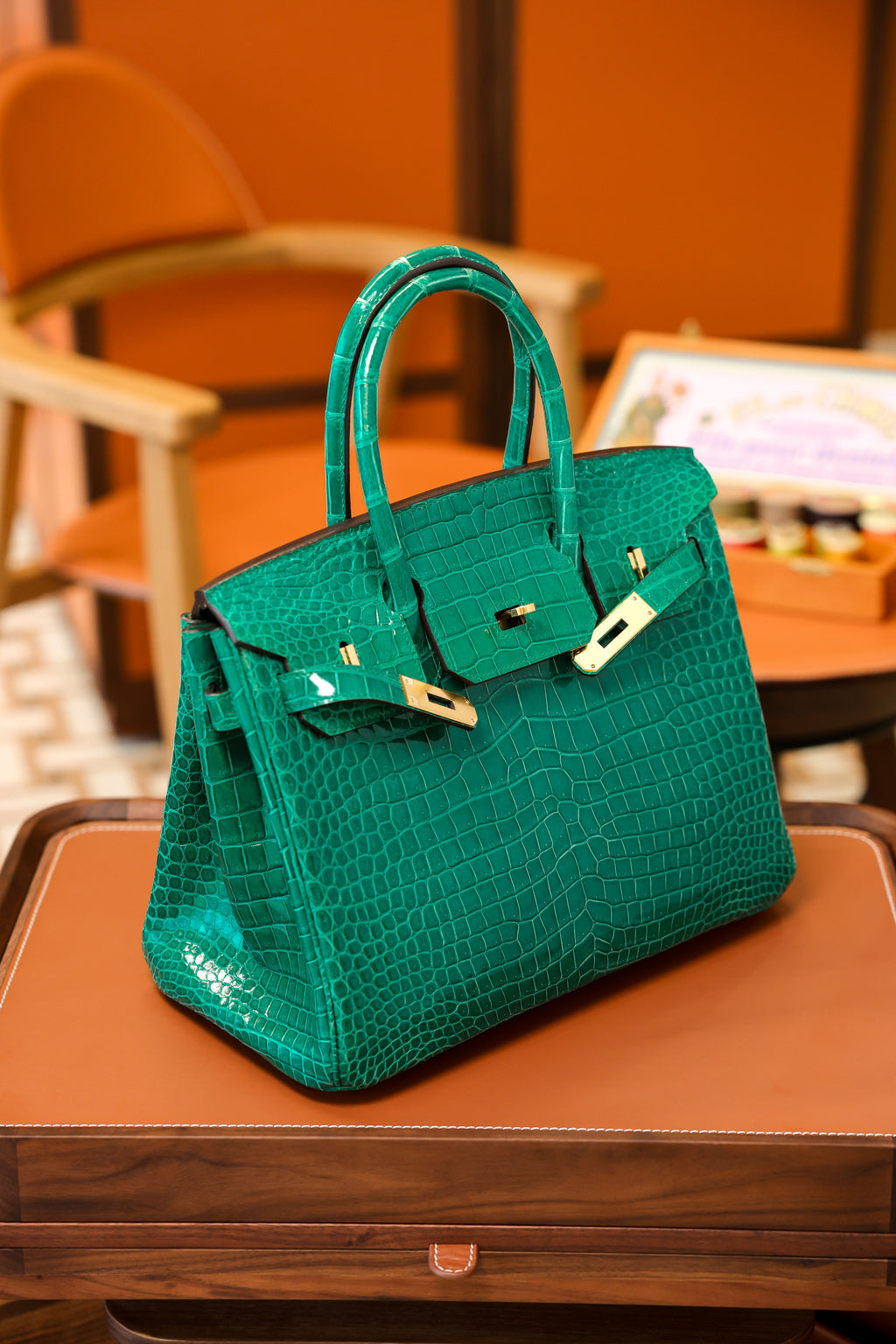 Birkin- All Handmade Golden / Sliver Imperial Green Crocodile leather