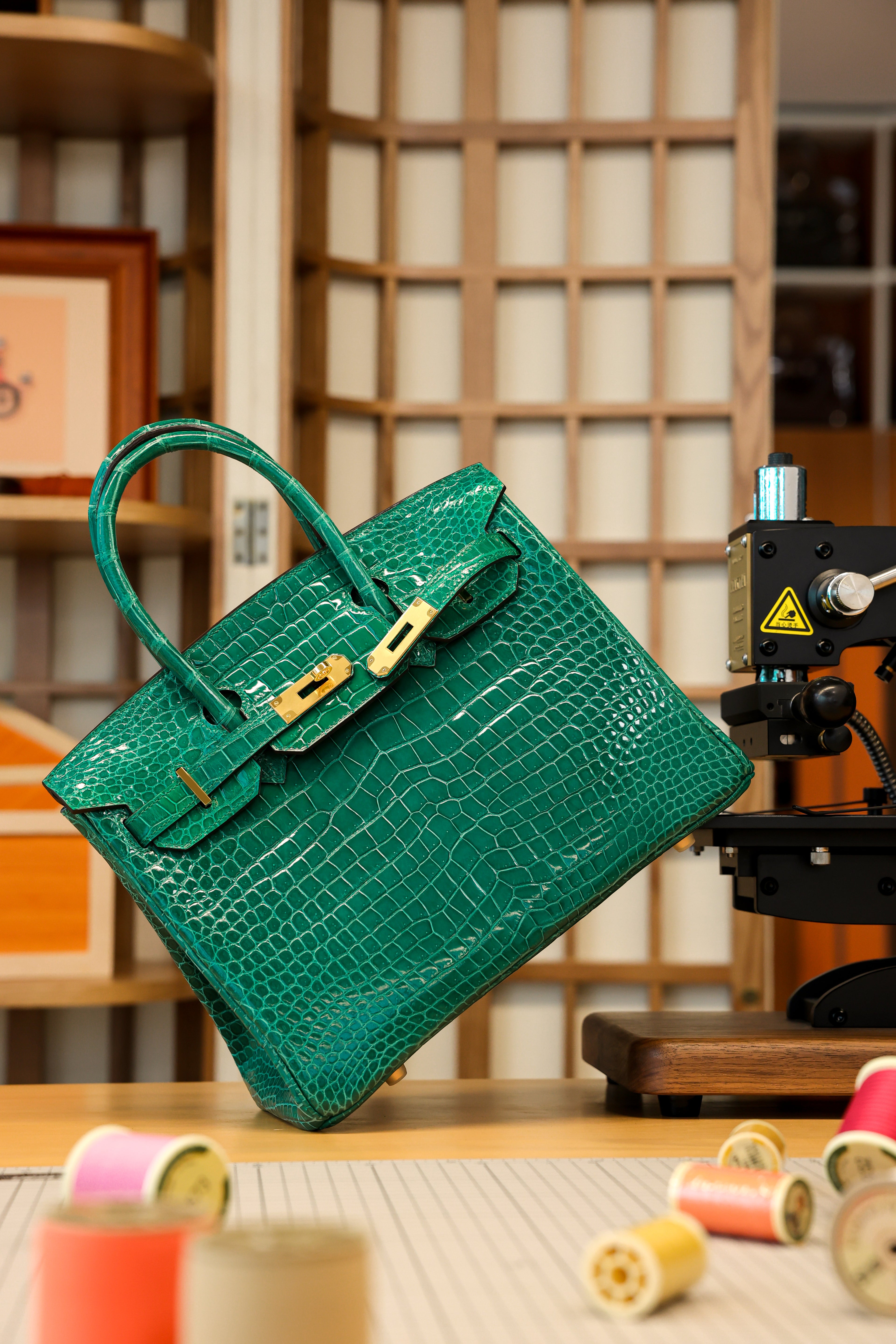Birkin- All Handmade Golden / Sliver Imperial Green Crocodile leather