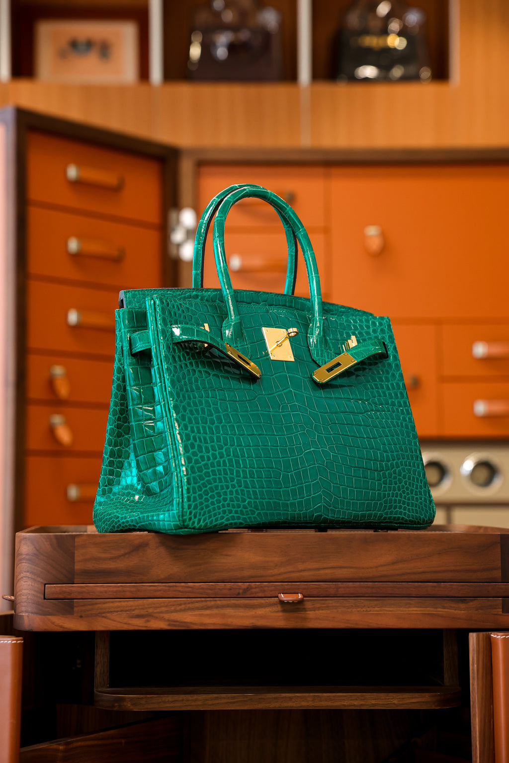 Birkin- All Handmade Golden / Sliver Imperial Green Crocodile leather