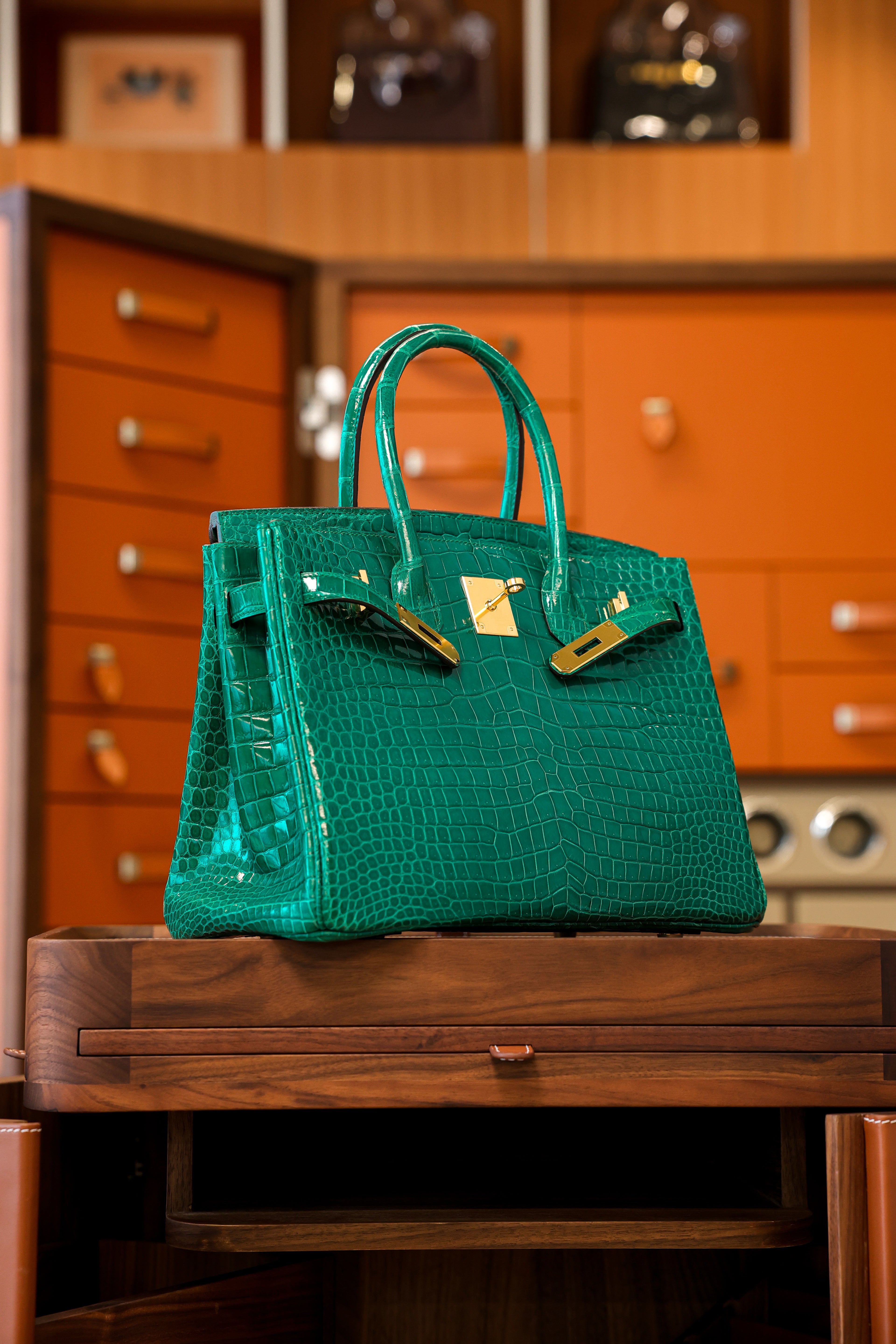 Birkin- All Handmade Golden / Sliver Imperial Green Crocodile leather