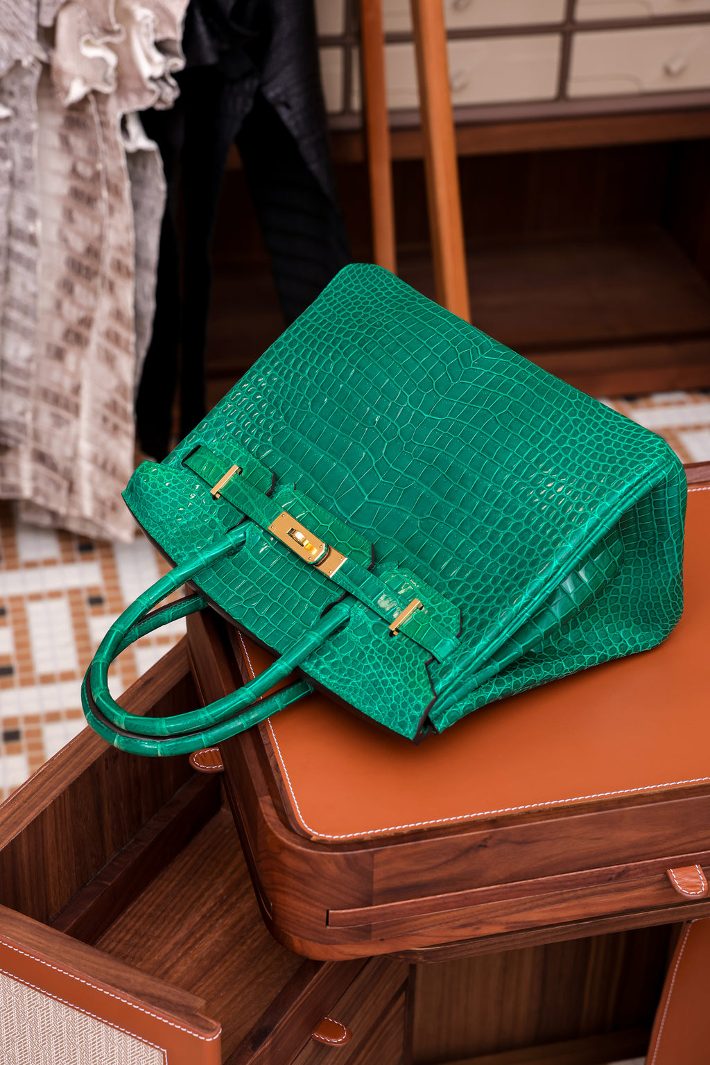 Birkin- All Handmade Golden / Sliver Imperial Green Crocodile leather