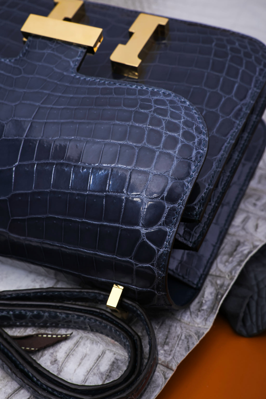 Constance- All Handmade Golden / Sliver Hardware Bleu Tempete Crocodile leather