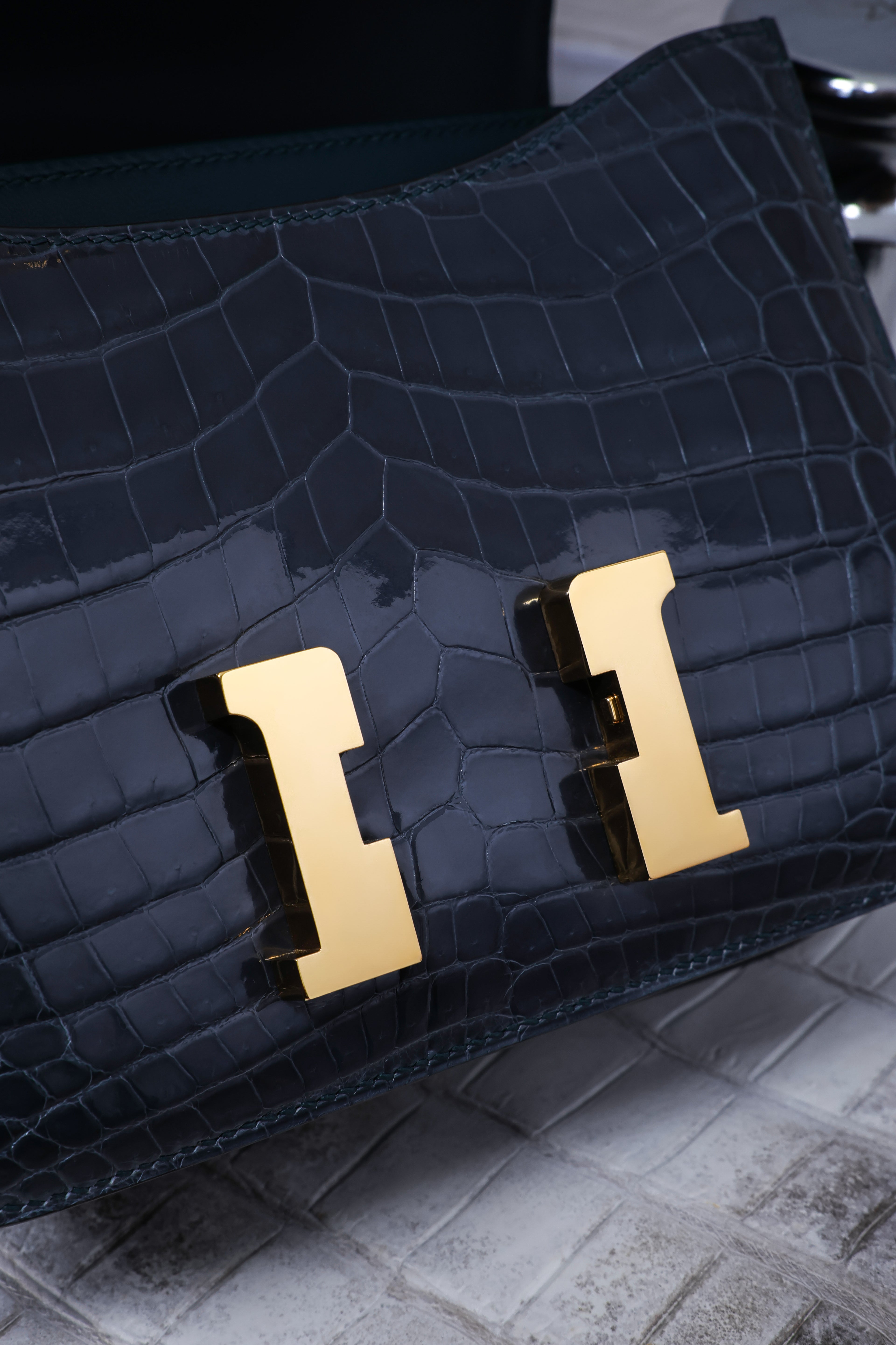 Constance- All Handmade Golden / Sliver Hardware Bleu Tempete Crocodile leather