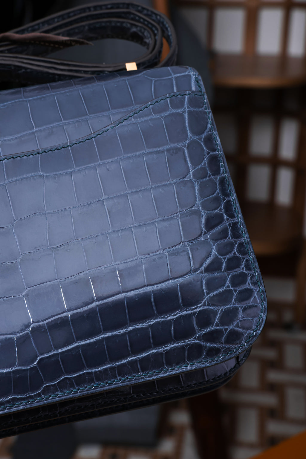 Constance- All Handmade Golden / Sliver Hardware Bleu Tempete Crocodile leather