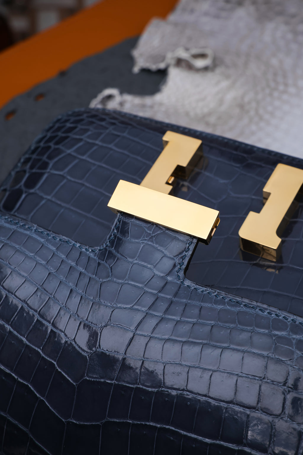 Constance- All Handmade Golden / Sliver Hardware Bleu Tempete Crocodile leather