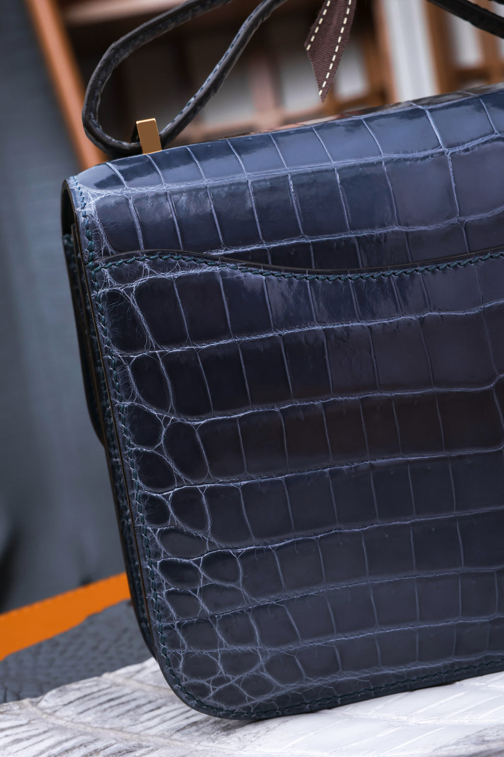 Constance- All Handmade Golden / Sliver Hardware Bleu Tempete Crocodile leather
