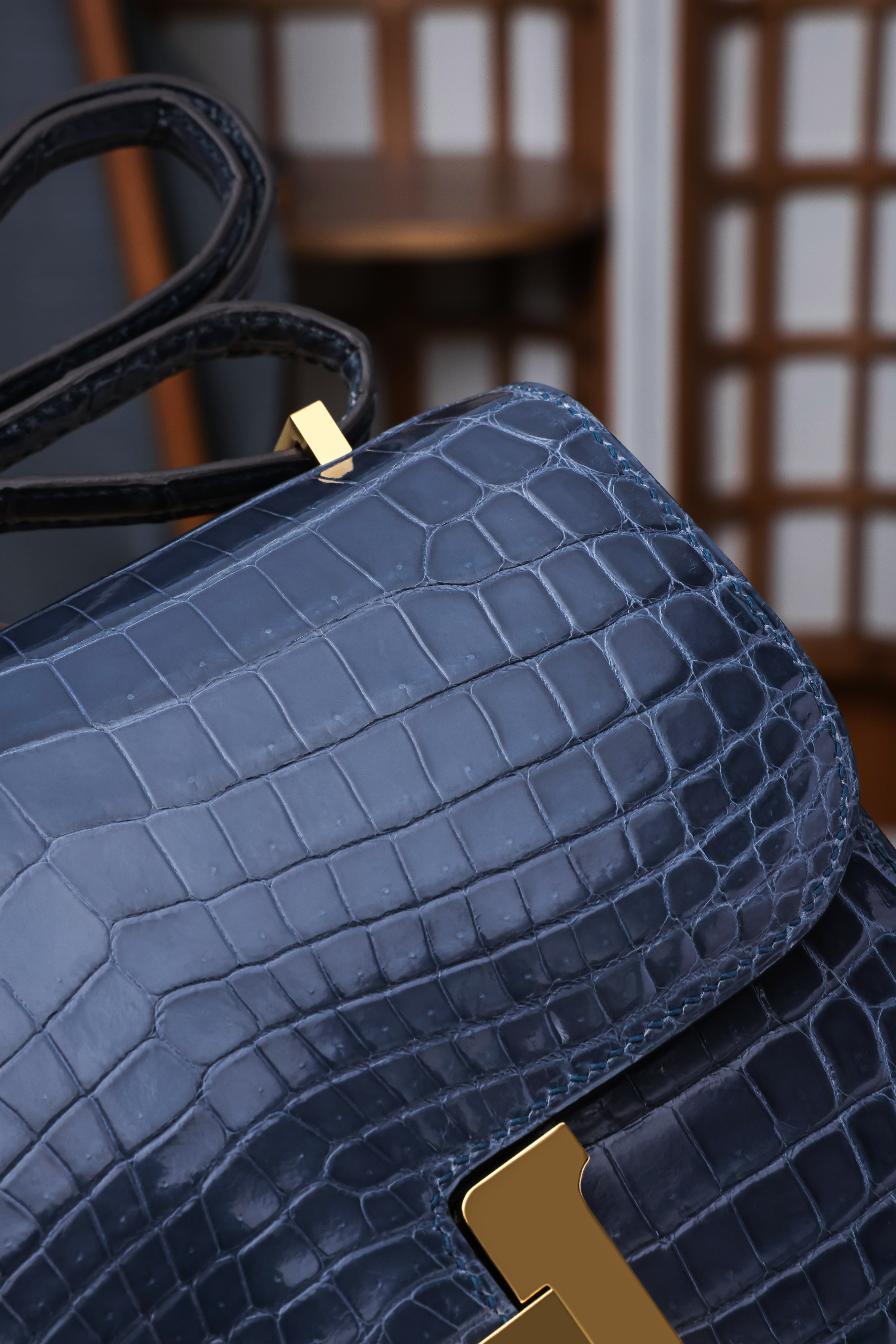 Constance- All Handmade Golden / Sliver Hardware Bleu Tempete Crocodile leather