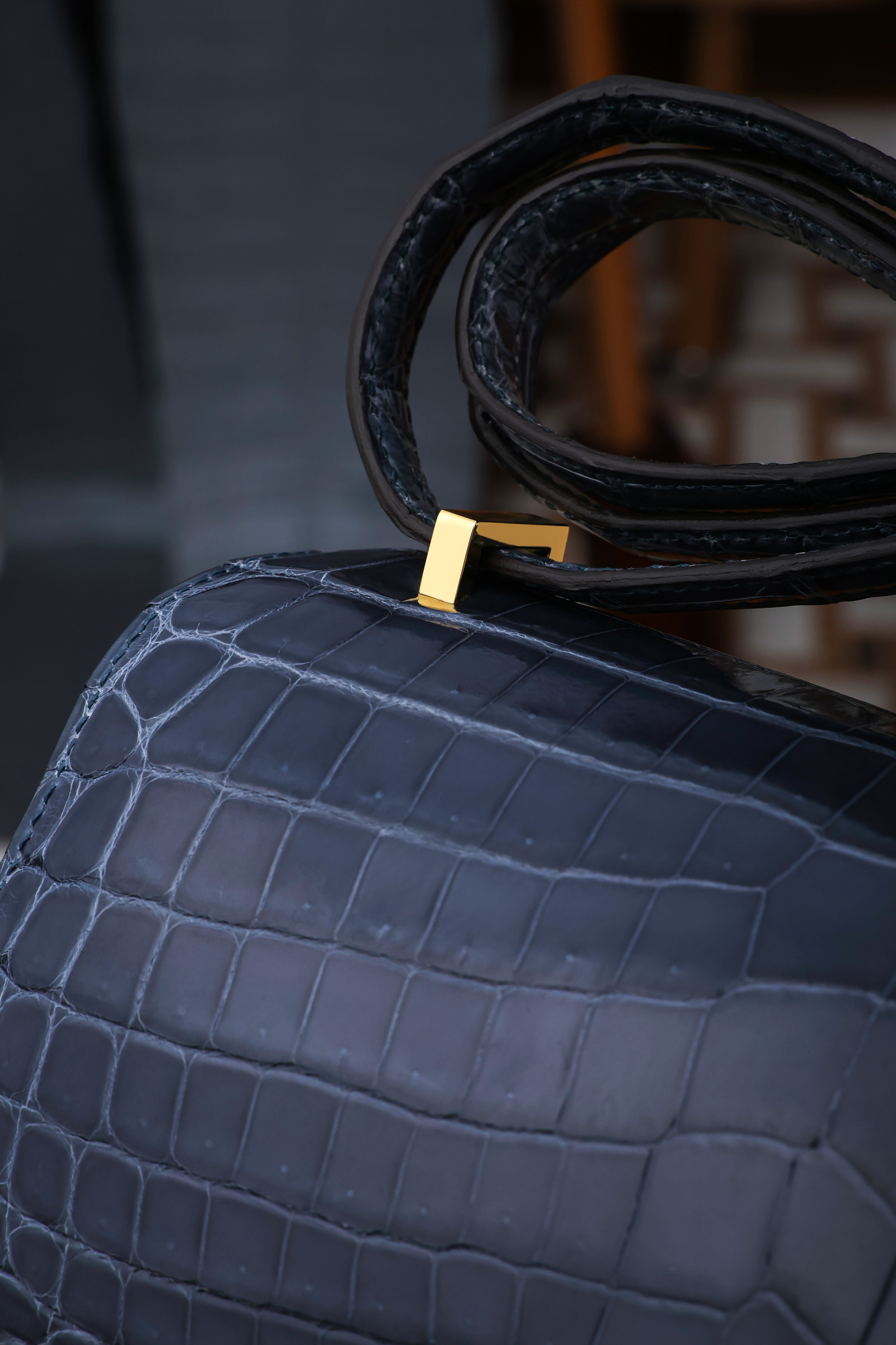 Constance- All Handmade Golden / Sliver Hardware Bleu Tempete Crocodile leather