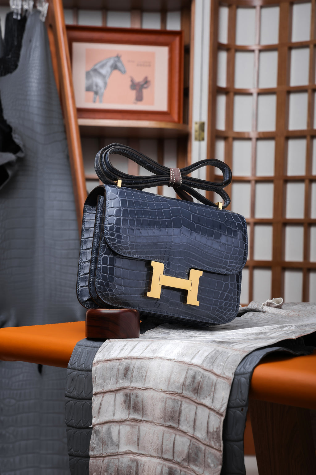 Constance- All Handmade Golden / Sliver Hardware Bleu Tempete Crocodile leather