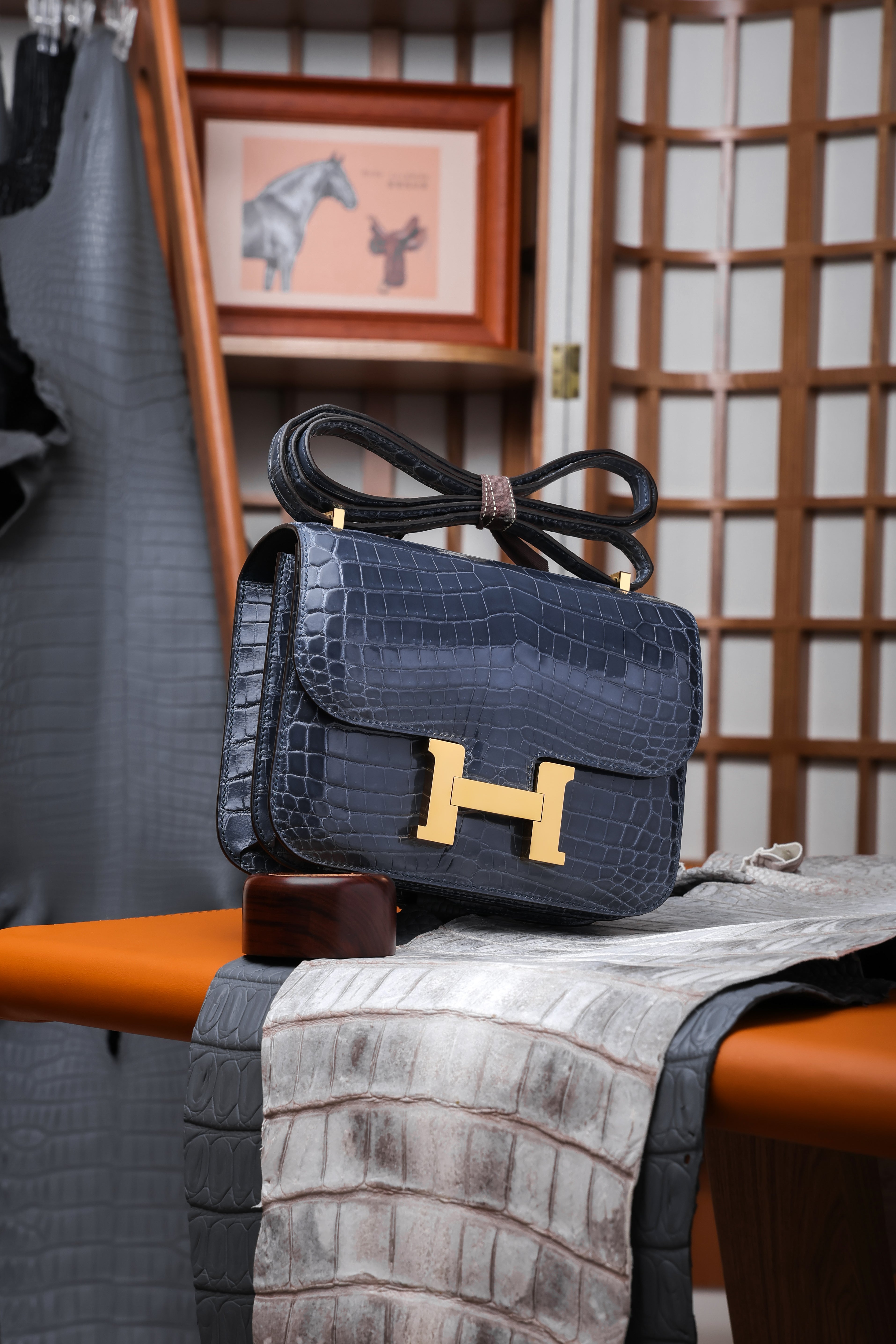 Constance- All Handmade Golden / Sliver Hardware Bleu Tempete Crocodile leather