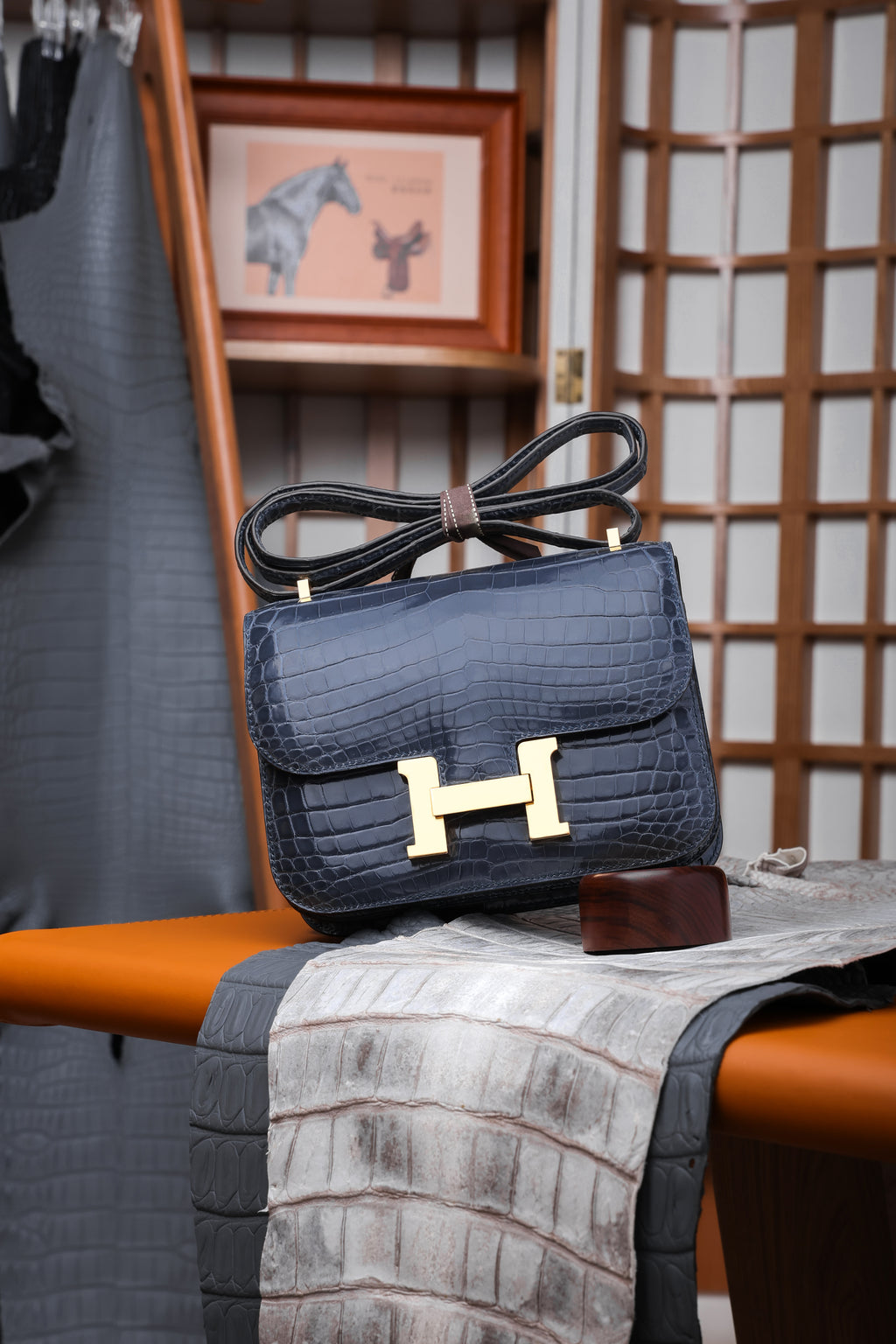 Constance- All Handmade Golden / Sliver Hardware Bleu Tempete Crocodile leather