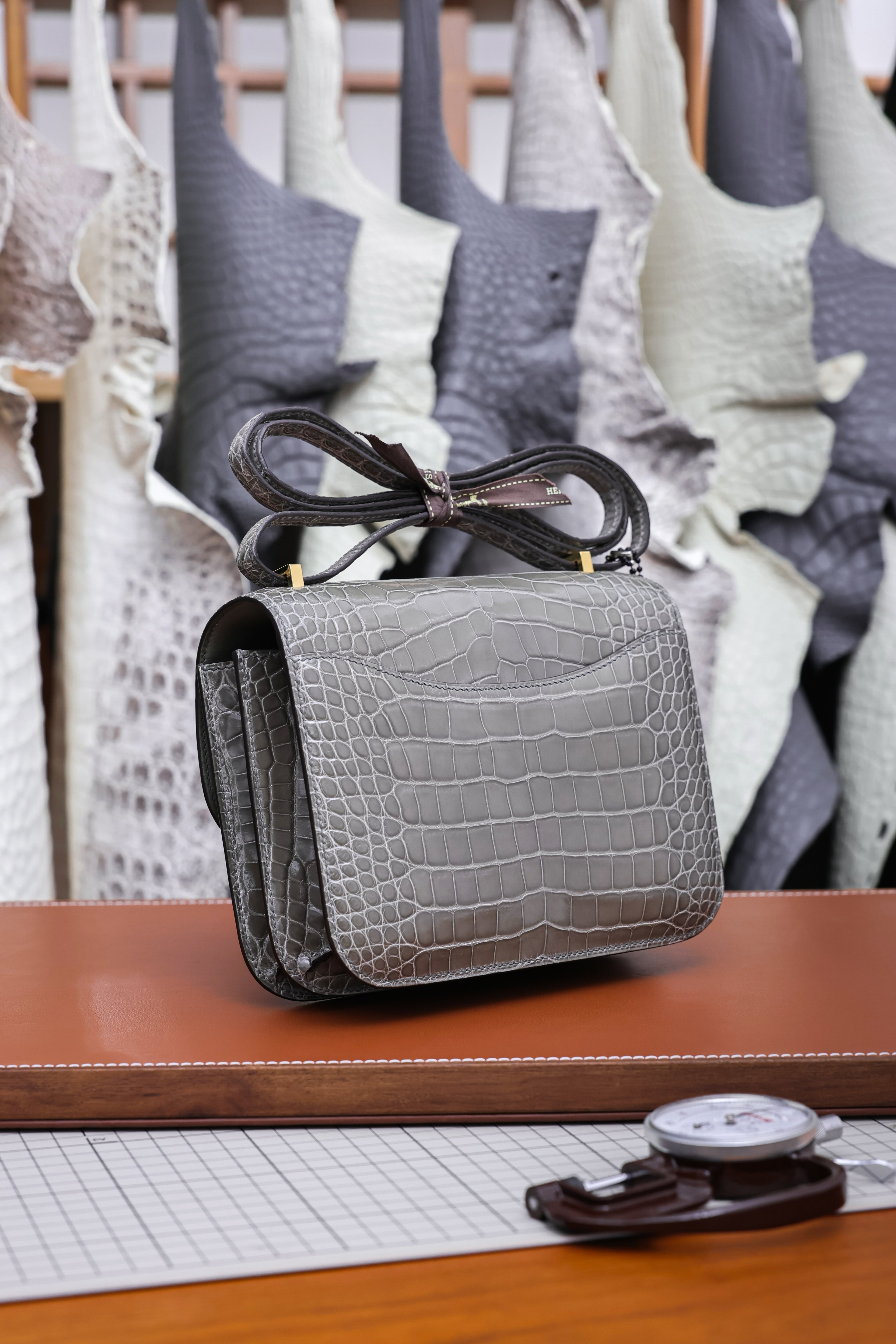 Constance- All Handmade Golden / Sliver Hardware   Cement ash Crocodile leather